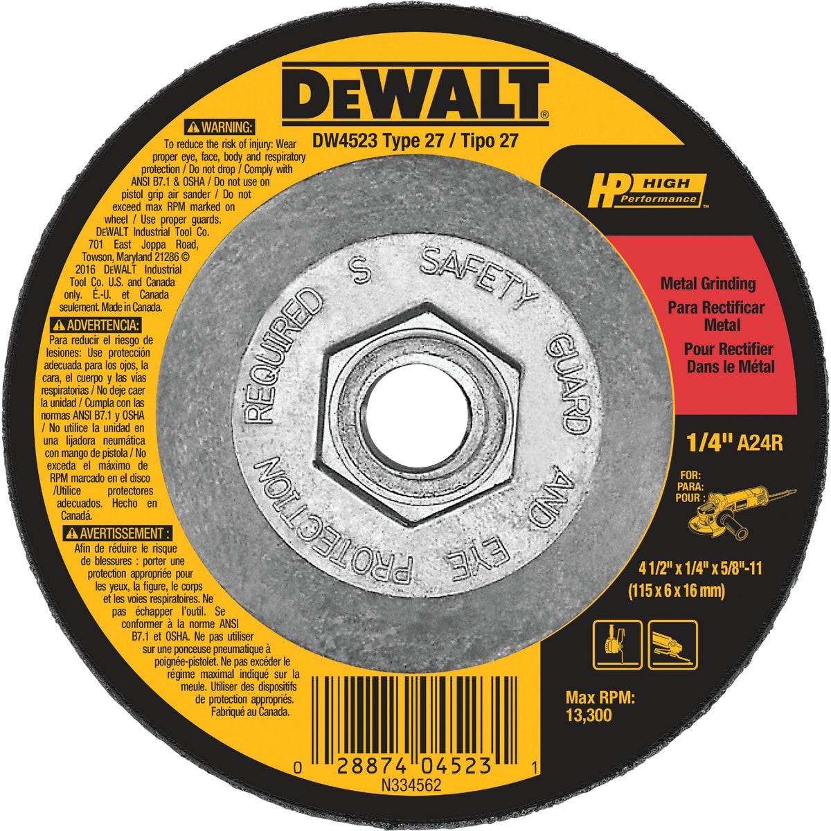 DEWALT HP Type 27 4-1 In. x 1/4 In. x 5/8 In.-11 Metal Grinding Cut-Off Wheel Image 1