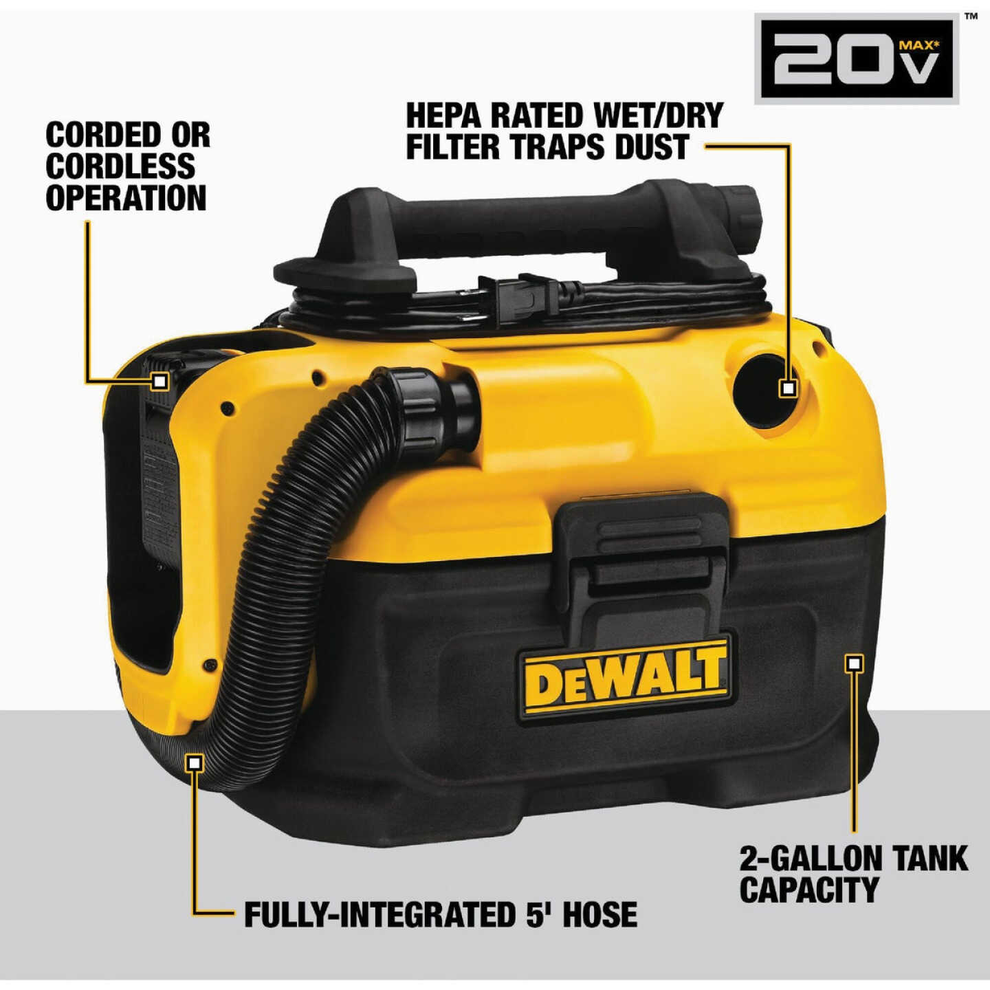 DEWALT 20V MAX 2 Gal. 1.85-Peak HP Corded/Cordless Wet/Dry Vacuum (Tool Only) Image 2