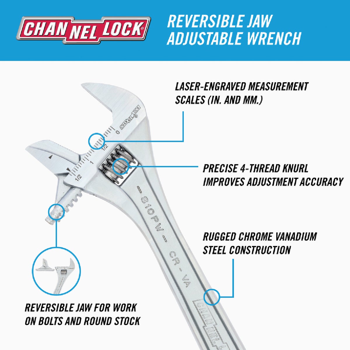 Channellock 10 In. Steel Adjustable Pipe Wrench with Extra Wide Reversible Jaw Image 2