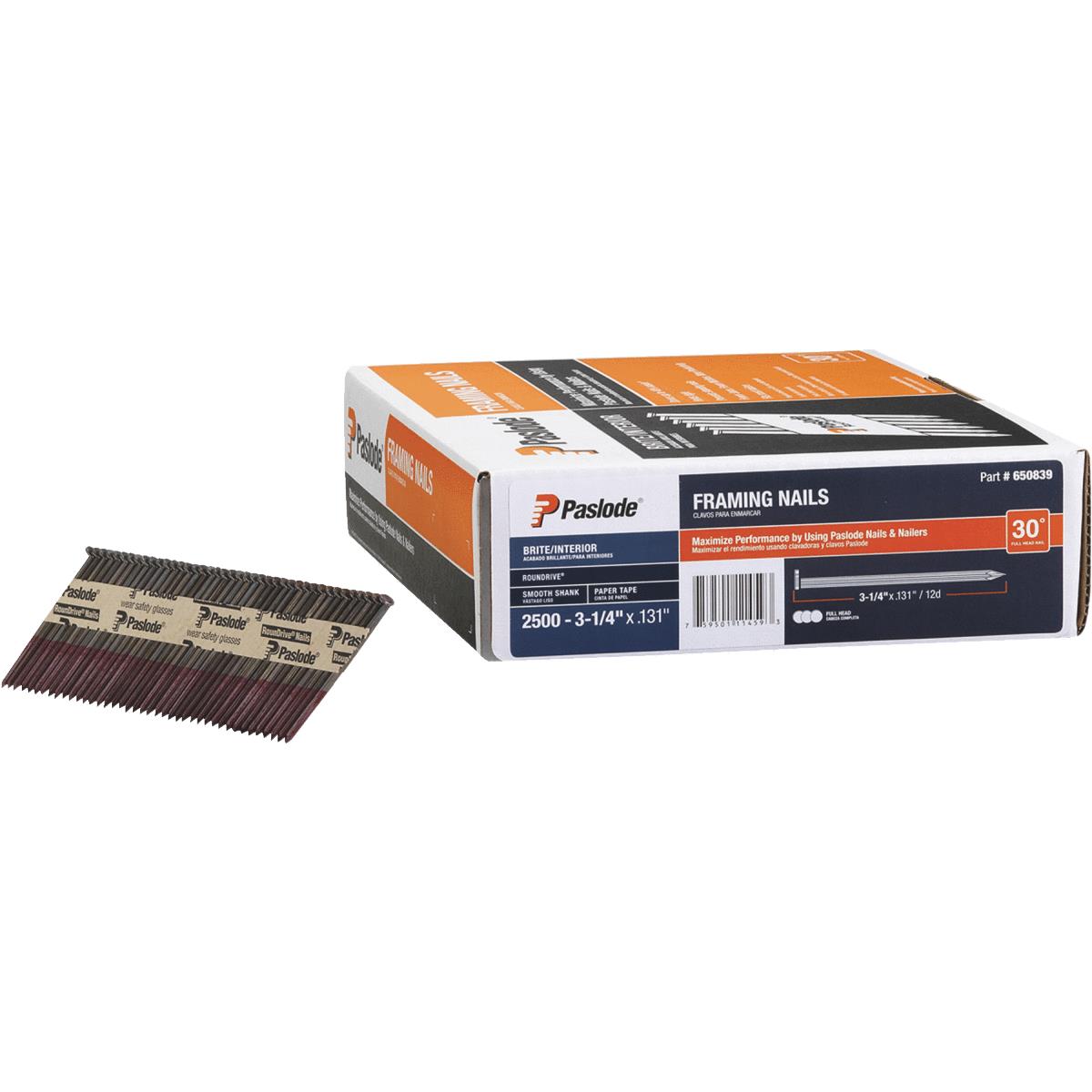 Paslode RounDrive 30 Degree Paper Tape Bright Offset Round Head Framing Stick Nail, 3-1/4 In. x .131
