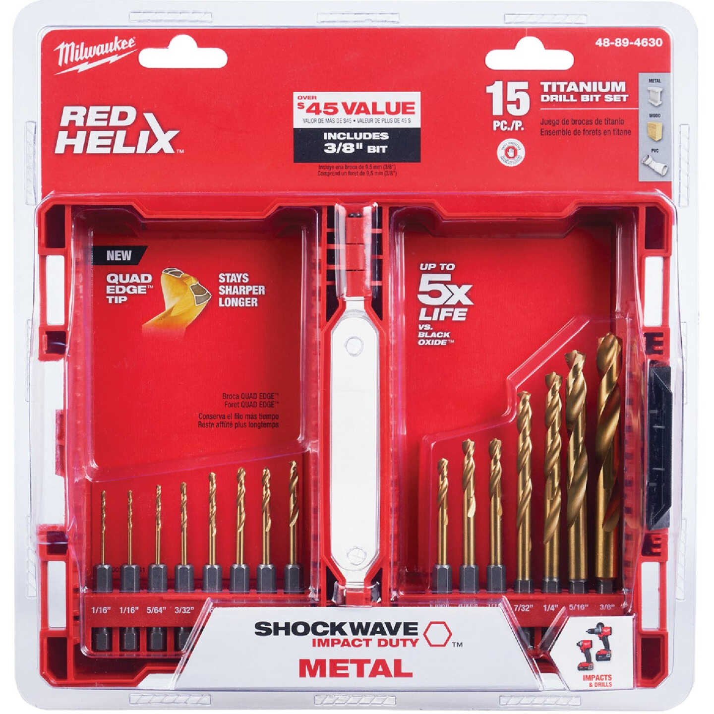 Milwaukee SHOCKWAVE 15-Piece Impact Duty Titanium Hex Shank Drill Bit Set, 1/16 In. thru 3/8 In. Image 1