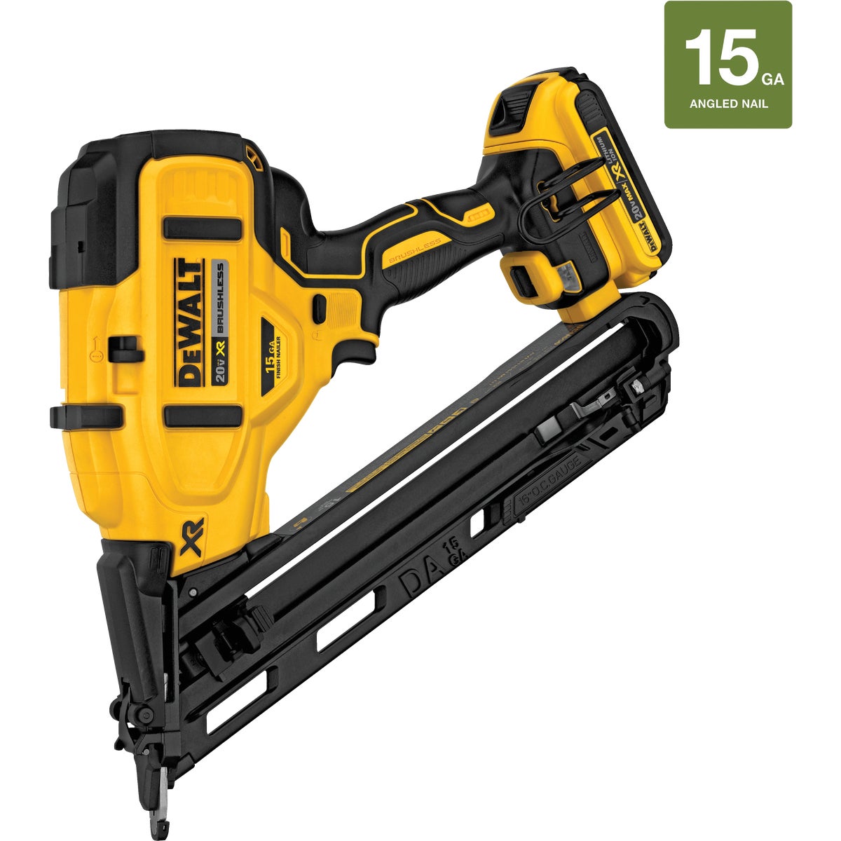DEWALT 20V MAX XR Brushless 15-Gauge 2-1/2 In. Angled Cordless Finish Nailer Kit with 2.0 Ah Battery & Charger