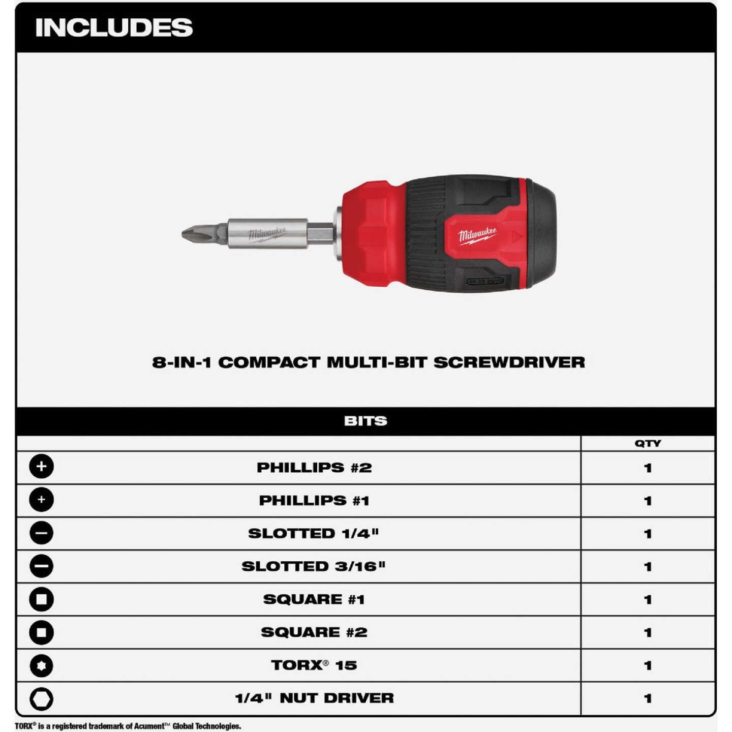 Milwaukee 8-in-1 Compact Multi-Bit Screwdriver Image 2