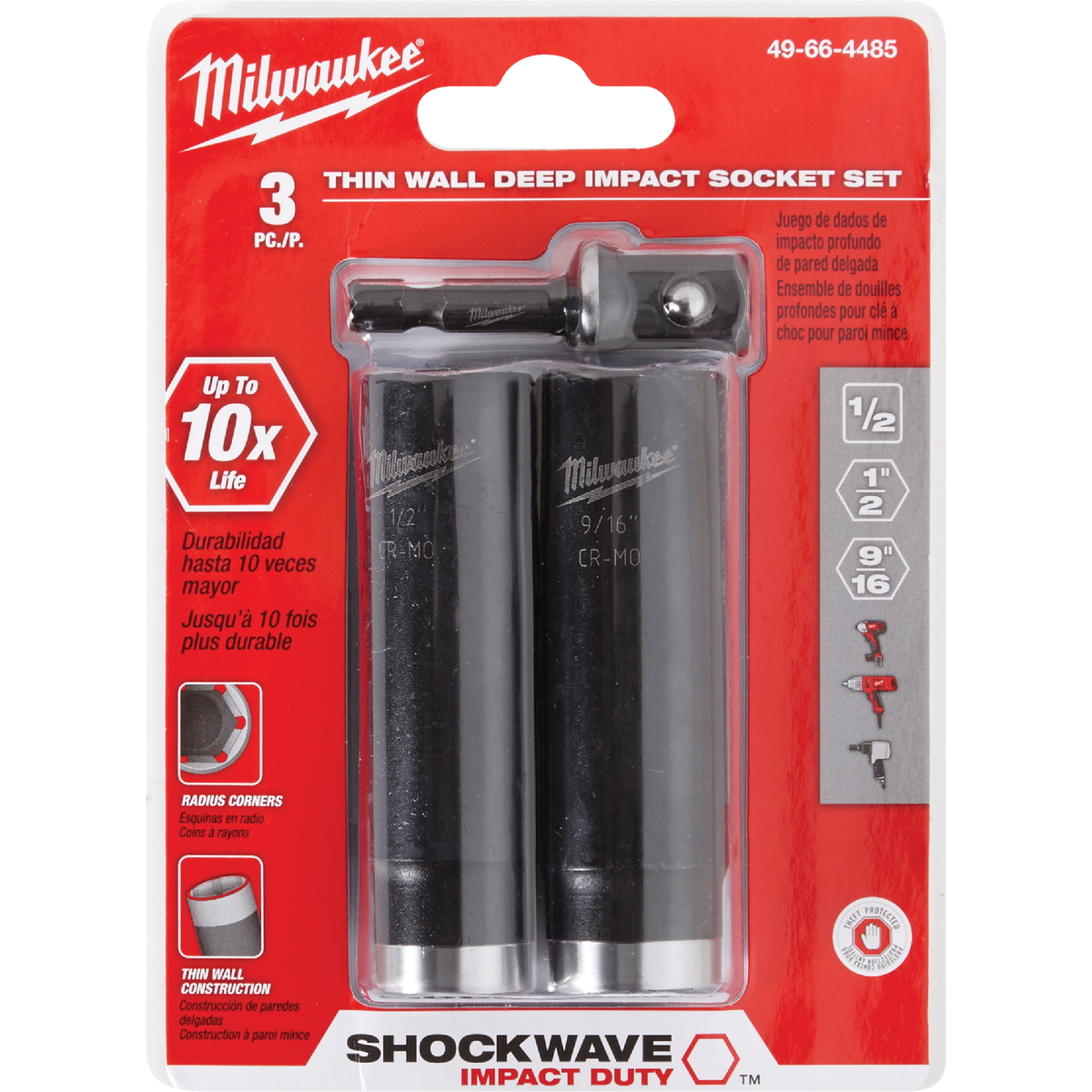 Milwaukee SHOCKWAVE Standard 1/2 In. Adapter, 1/2 In. & 9/16 In. Drive 6-Point Thin Wall Deep Impact Driver Set (3-Piece) Image 2