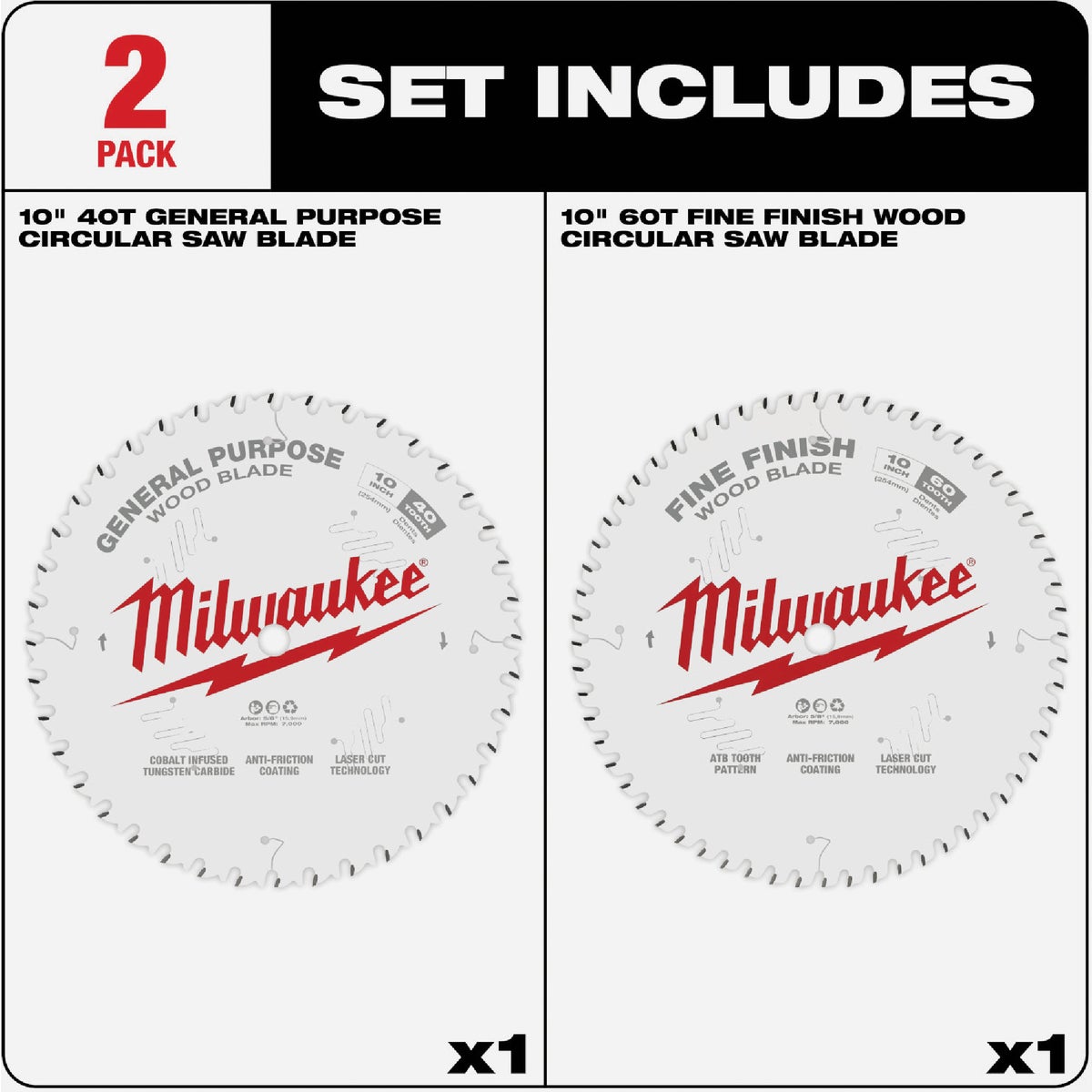 Milwaukee 10 In. 40-Tooth General Purpose & 60-Tooth Fine Finish Wood Circular Saw Set Image 2