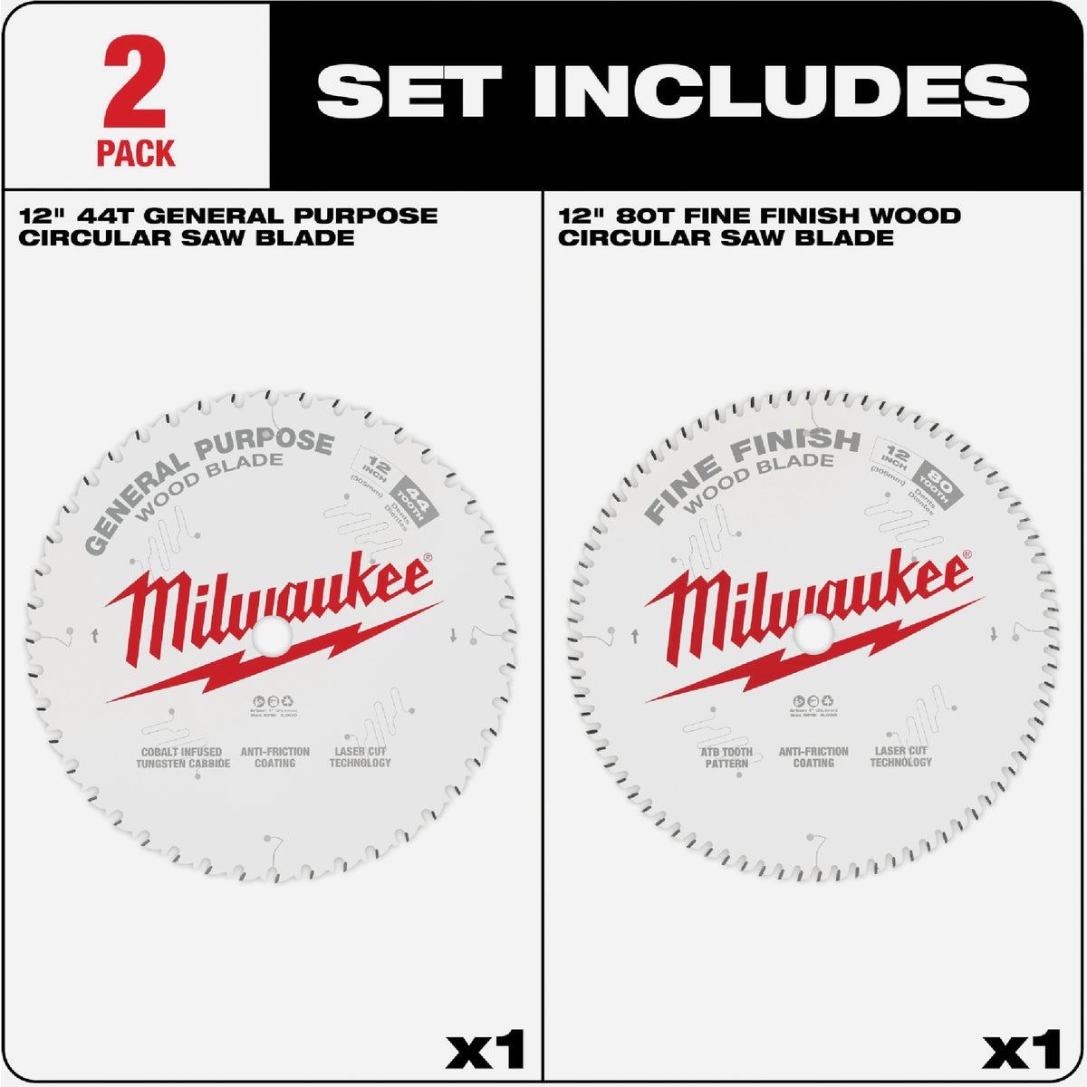 Milwaukee 12 In. 44-Tooth General Purpose & 80-Tooth Fine Finish Wood Circular Saw Blade Set Image 2