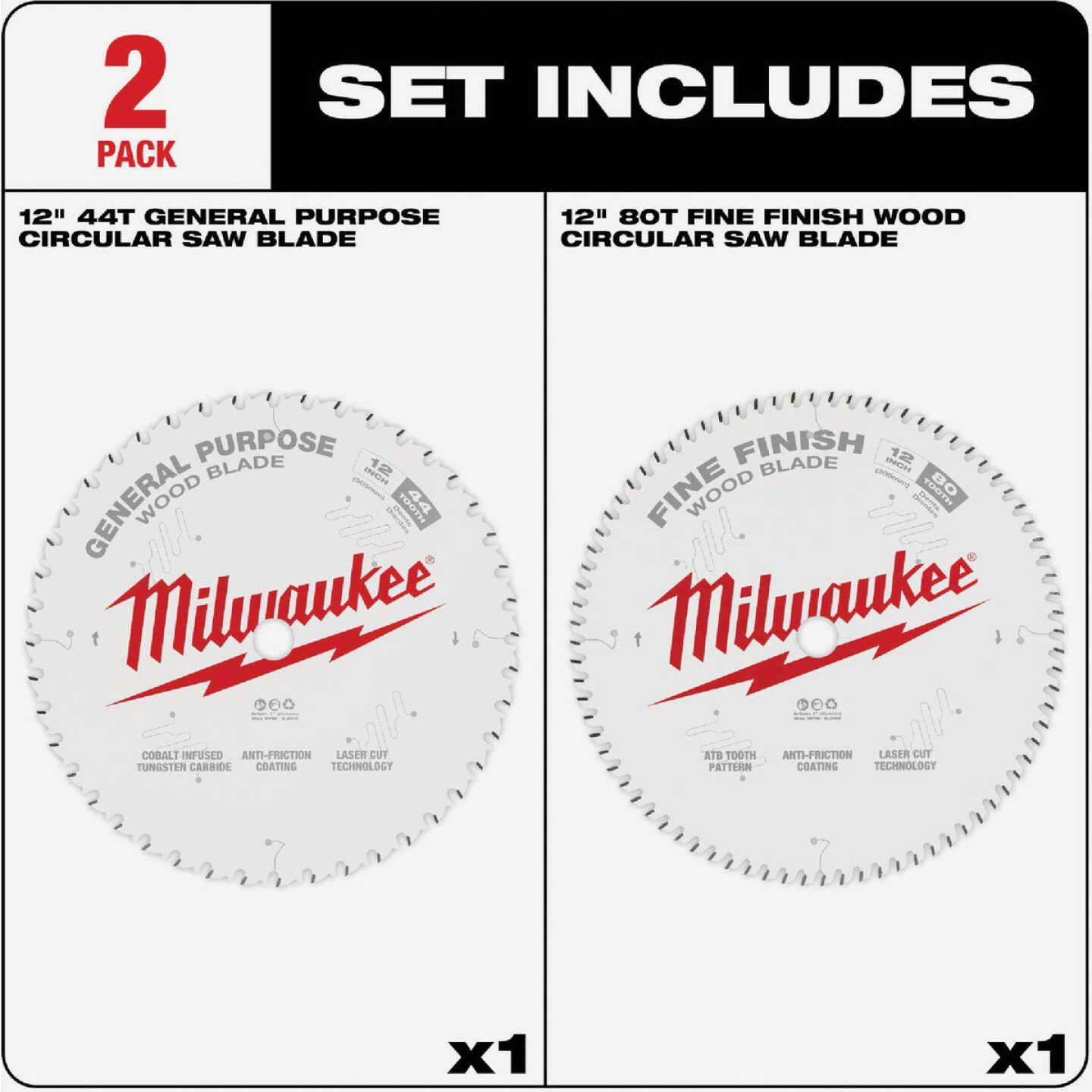 Milwaukee 12 In. 44-Tooth General Purpose & 80-Tooth Fine Finish Wood Circular Saw Blade Set Image 2