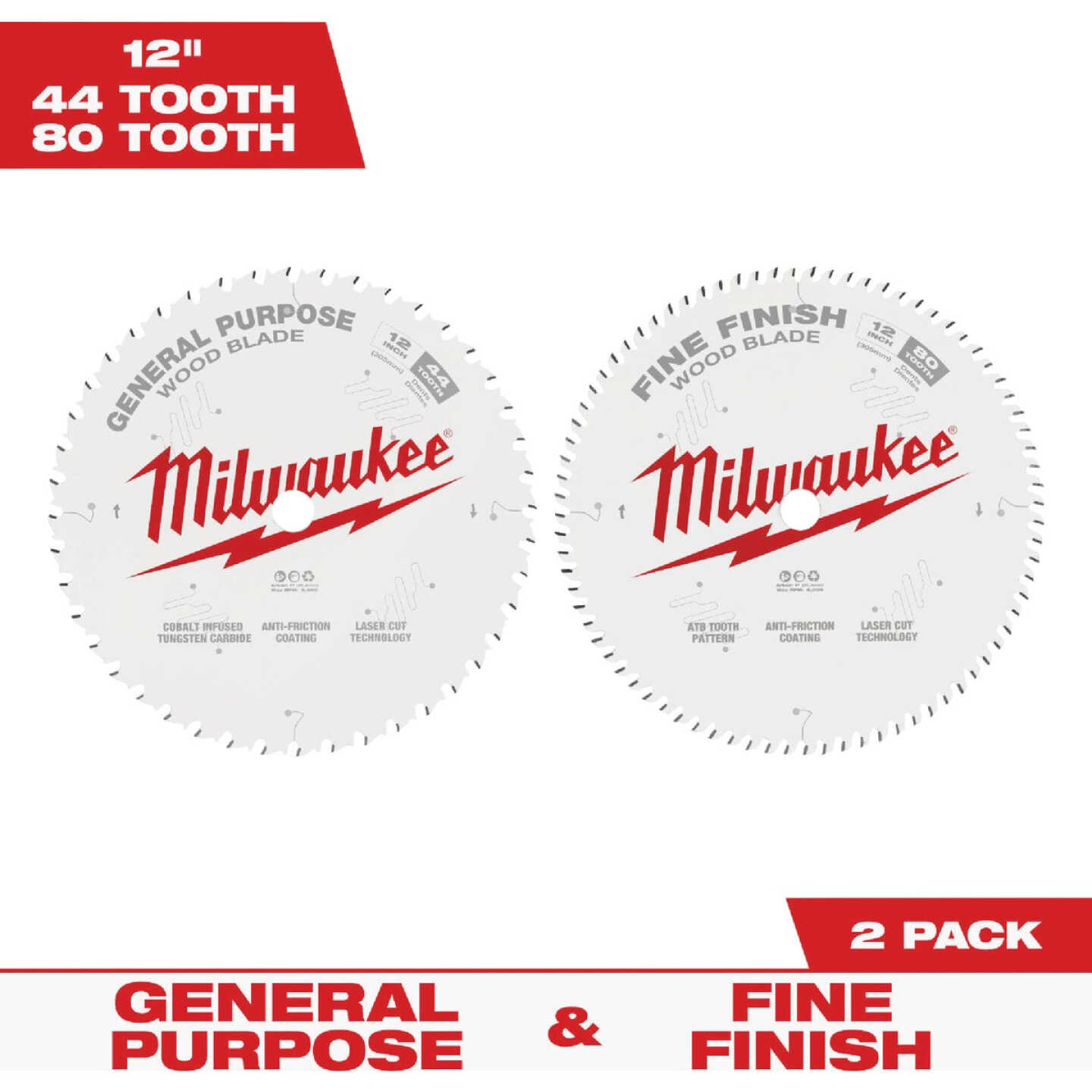 Milwaukee 12 In. 44-Tooth General Purpose & 80-Tooth Fine Finish Wood Circular Saw Blade Set Image 1