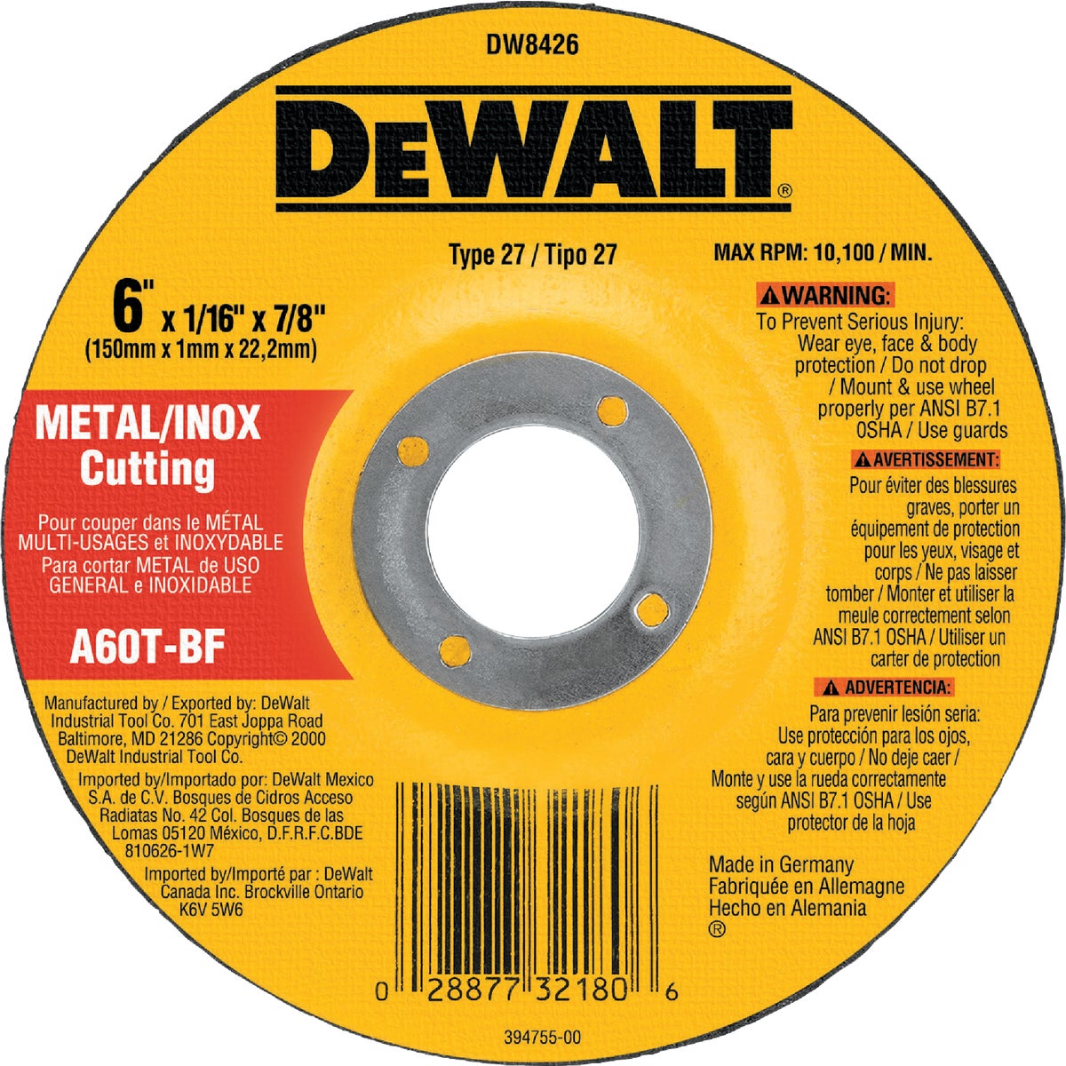 DEWALT HP Type 27 6 In.x  0.045 In. x 7/8 In. Metal/Stainless Cut-Off Wheel Image 1