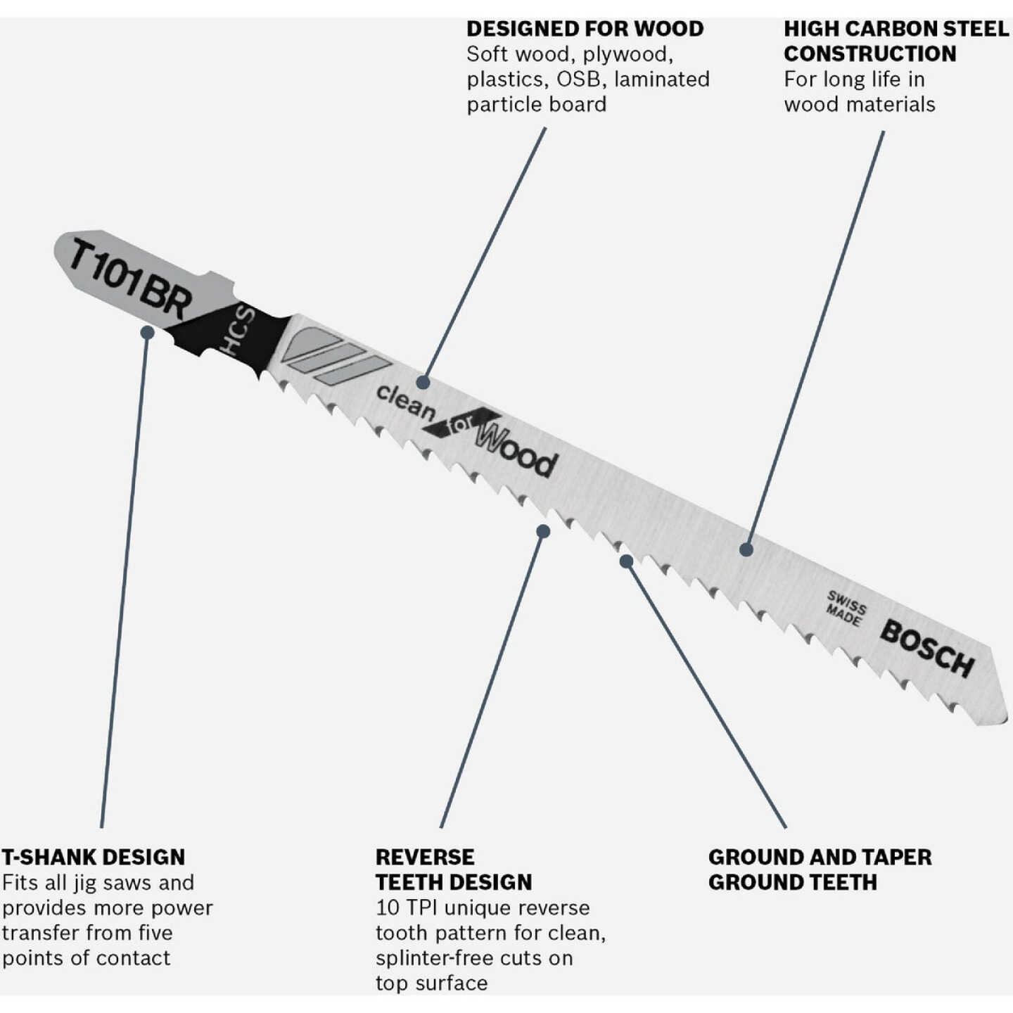 Bosch T-Shank 4 In. x 10 TPI High Carbon Steel Reverse Pitch Jig Saw Blade, Clean for Wood (5-Pack) Image 2
