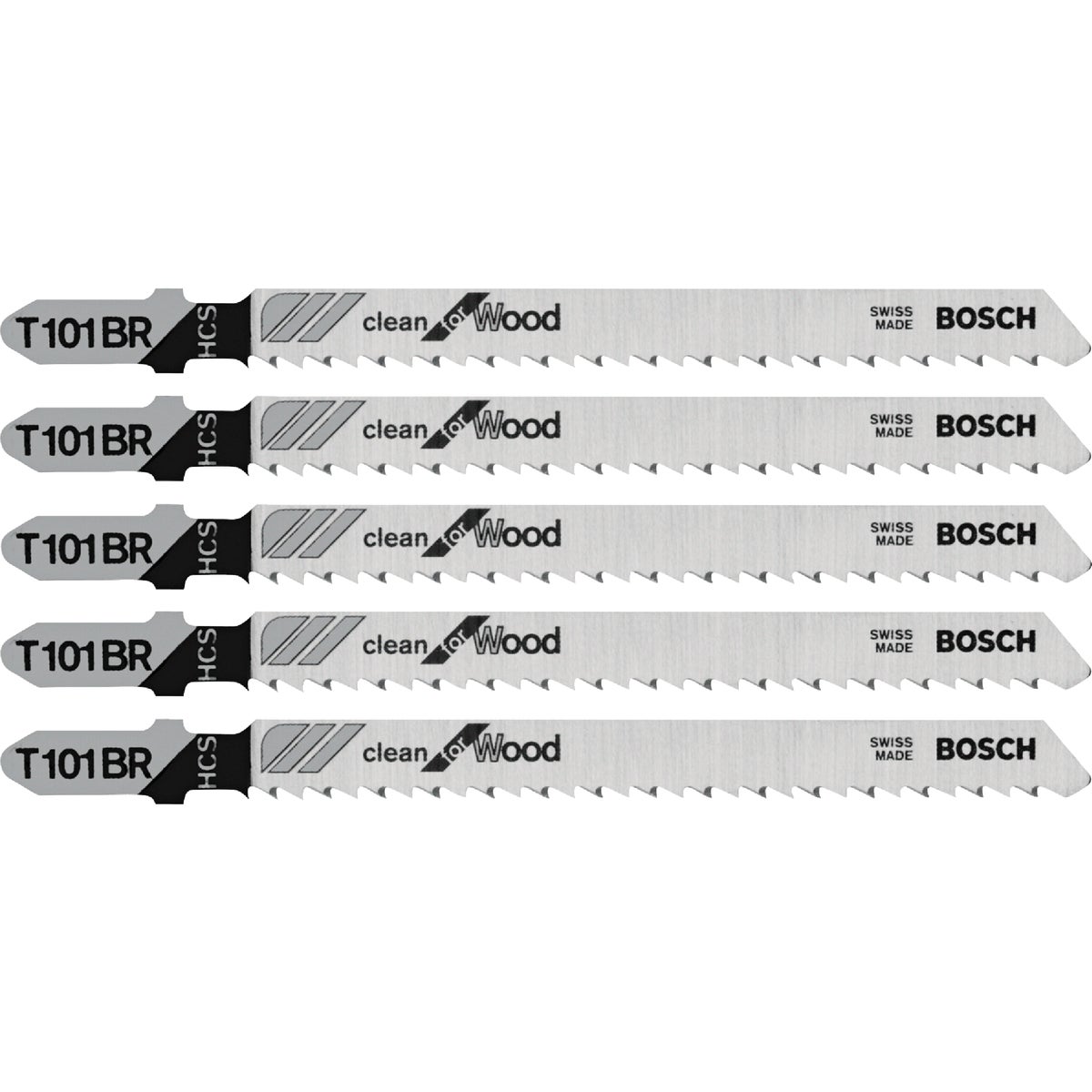 Bosch T-Shank 4 In. x 10 TPI High Carbon Steel Reverse Pitch Jig Saw Blade, Clean for Wood (5-Pack) Image 1