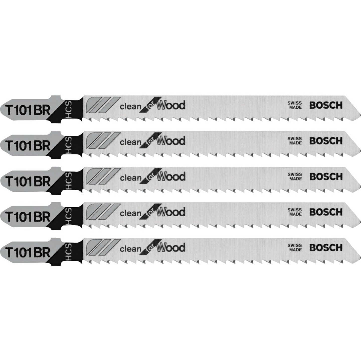 Bosch T-Shank 4 In. x 10 TPI High Carbon Steel Reverse Pitch Jig Saw Blade, Clean for Wood (5-Pack) Image 1