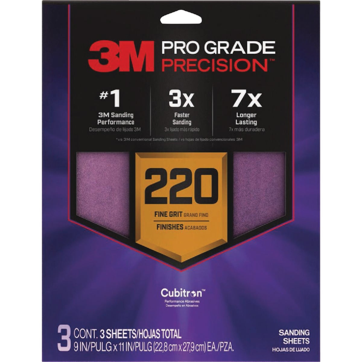 3M Pro Grade Precision 9 In. x 11 In. 220 Grit Sandpaper Sheet with No-Slip Grip Backing (3-Pack)
