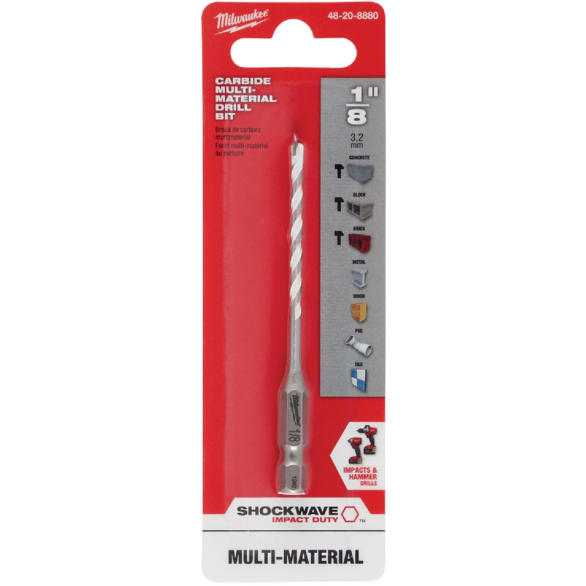 Milwaukee SHOCKWAVE 1/8 In. x 3-1/2 In. Impact Duty Carbide Multi-Material Hex Shank Drill Bit Image 2