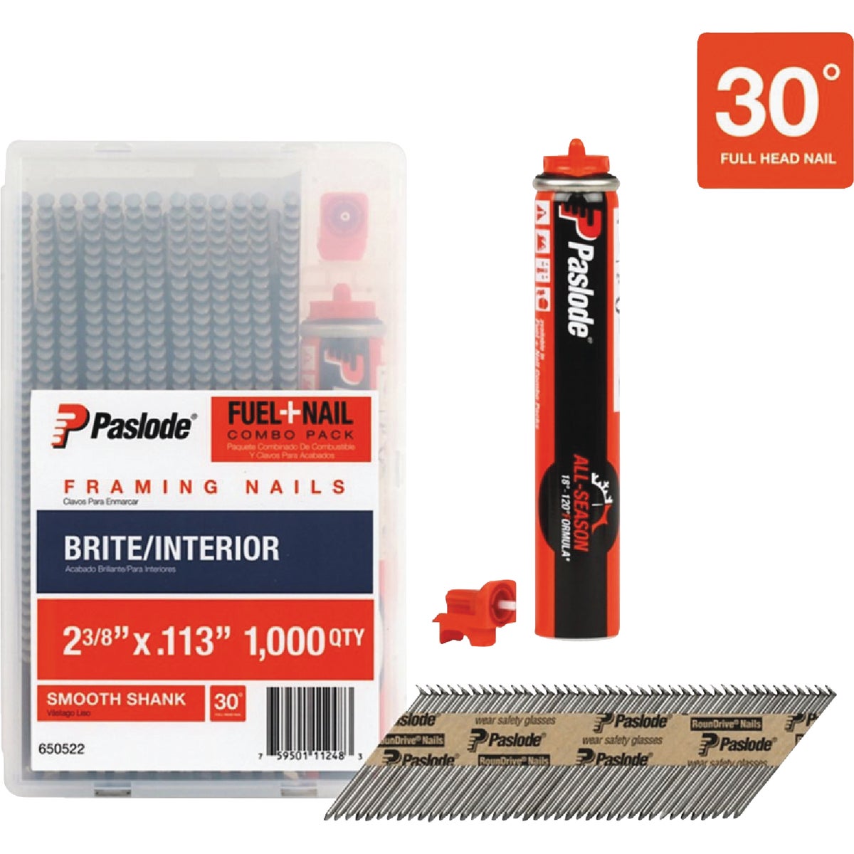Paslode 2-3/8 In. x 0.113 In. 30 Degree Paper Tape Brite Smooth Shank RounDrive Framing Nails with (1) Framing Fuel Cell (1000 Ct.)