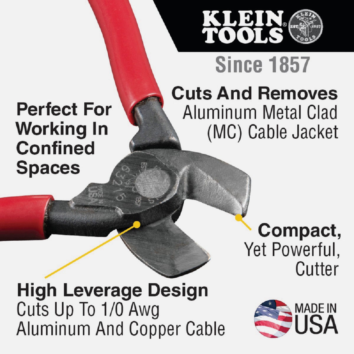 Klein 6.6 In. 1/0 AWG Aluminum & 1/0 AWG Copper Compact Cable Cutter Image 3