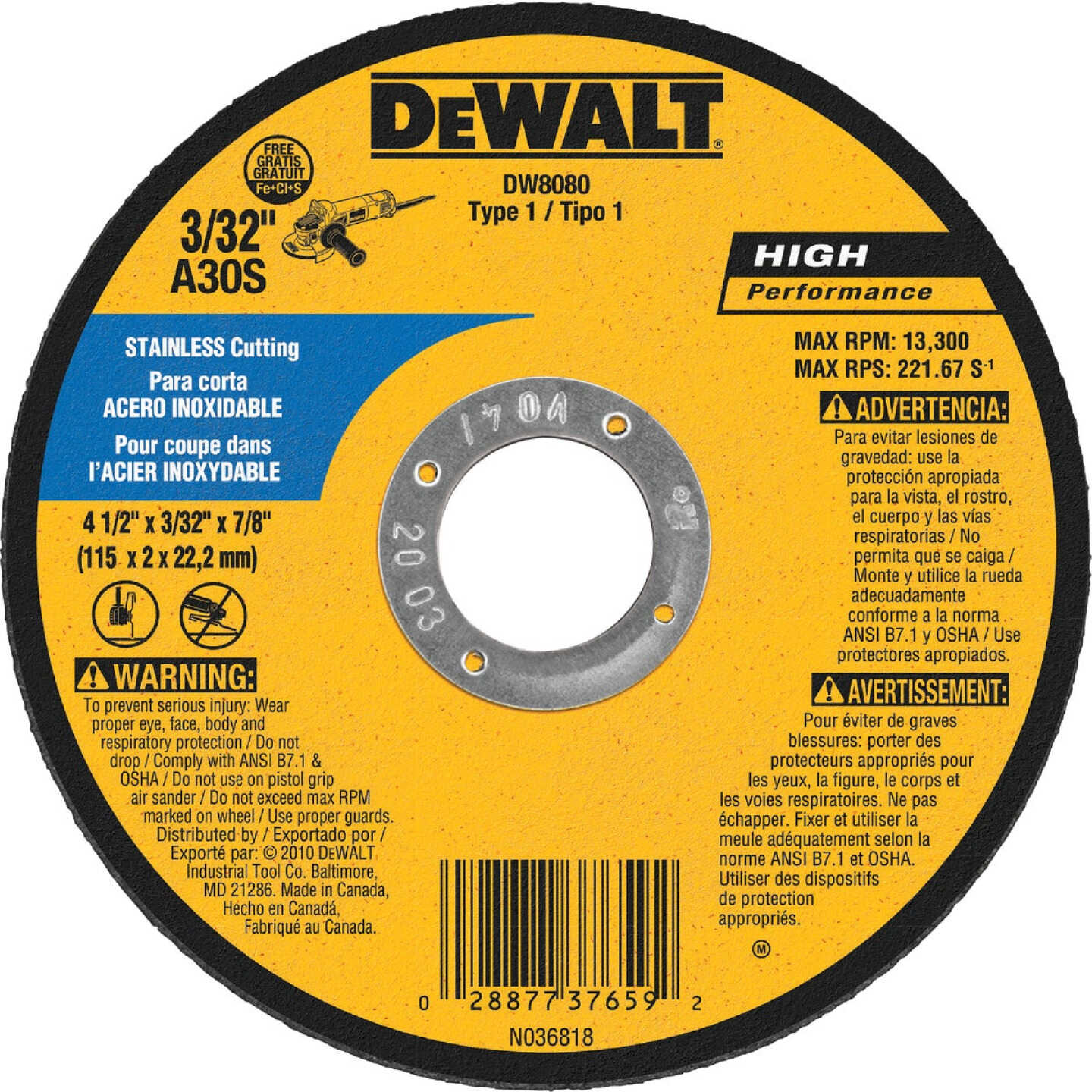 DEWALT HP Type 1 4-1/2 In. x 1/8 In. x 7/8 In. Stainless Cut-Off Wheel Image 1