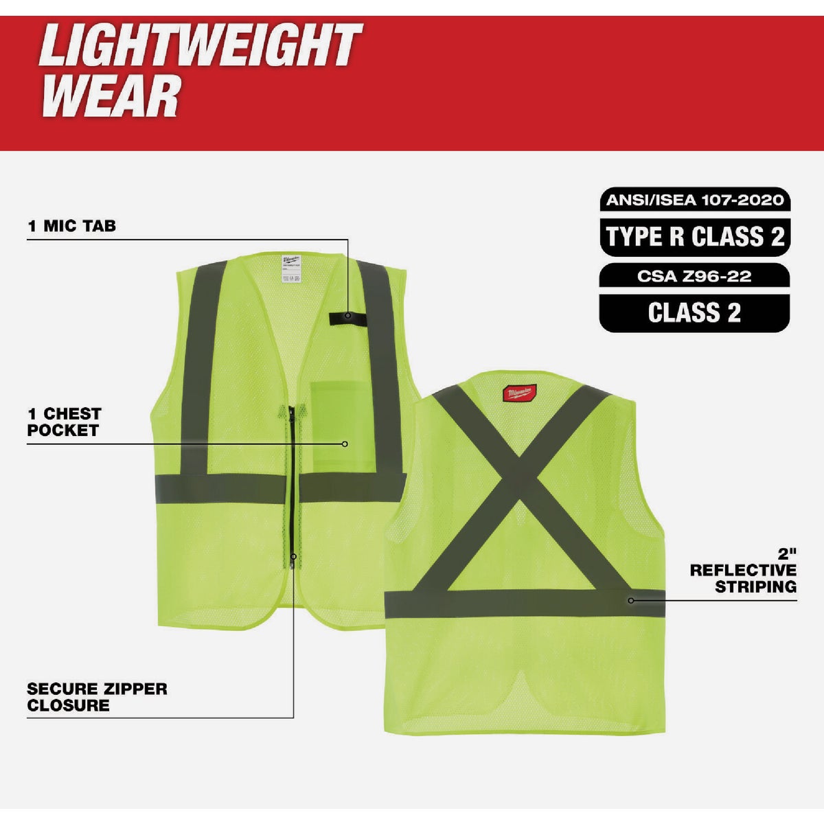 Milwaukee Class 2 High Visibility Yellow Mesh One Pocket Safety Vest, S/M Image 2