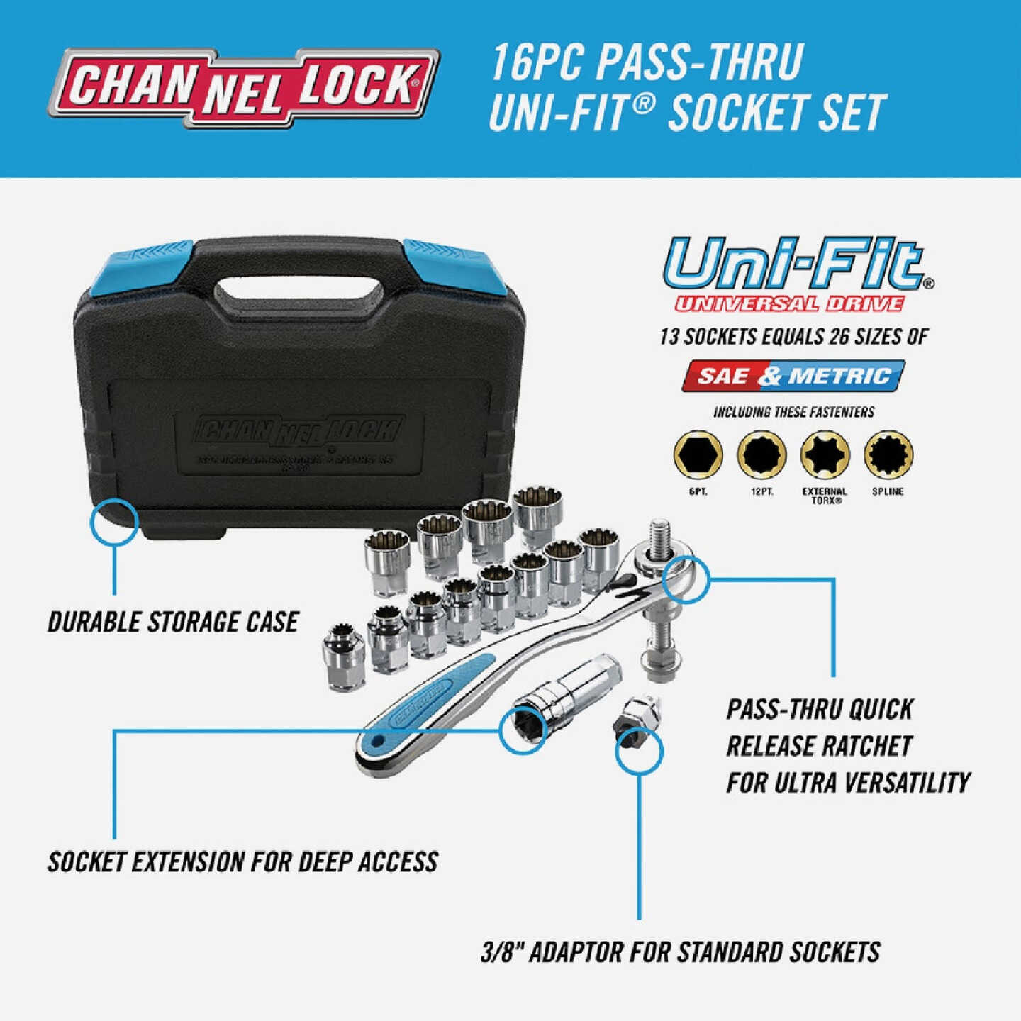 Channellock Standard/Metric 3/8 In. Ultra Access Socket & Ratchet Set (16-Piece) Image 2
