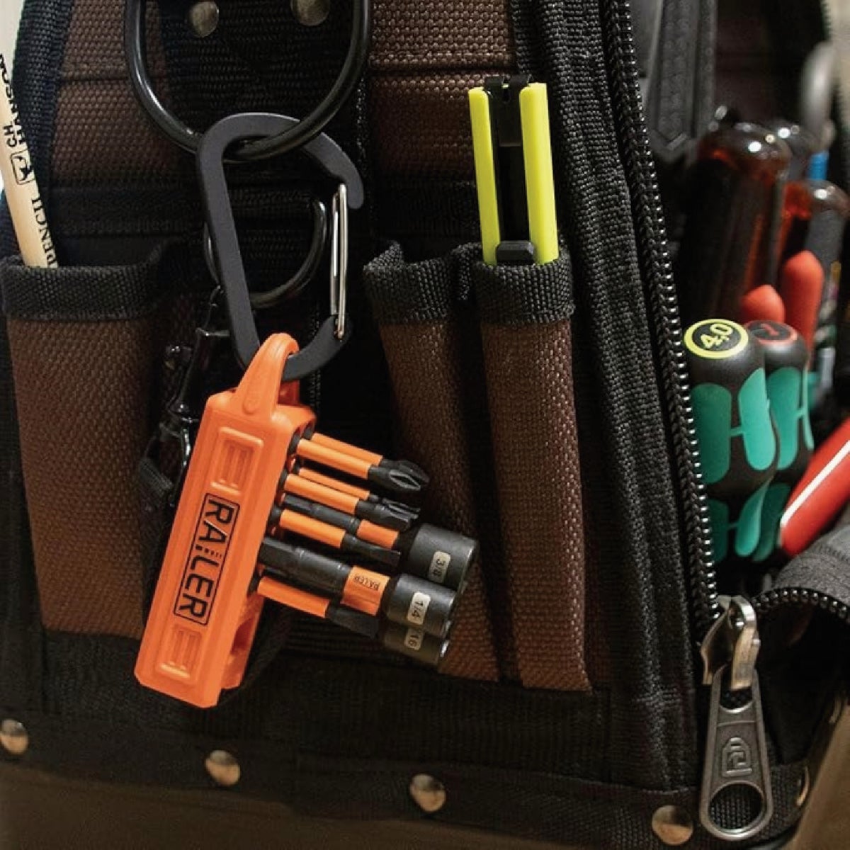 Railer 10-Hole Magnetizer Bitrail Orange Bit Holder with Carabiner Image 3