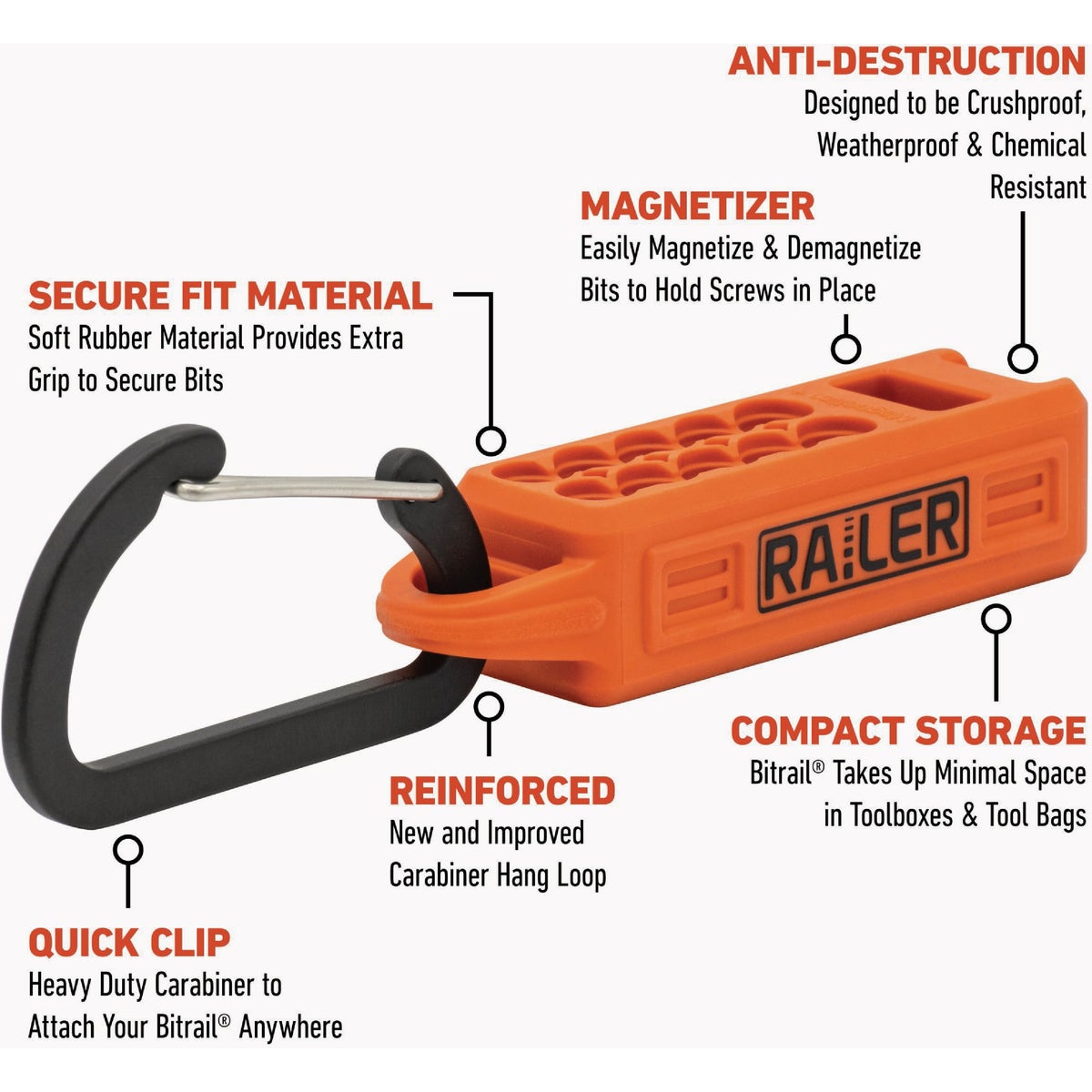Railer 10-Hole Magnetizer Bitrail Orange Bit Holder with Carabiner Image 2