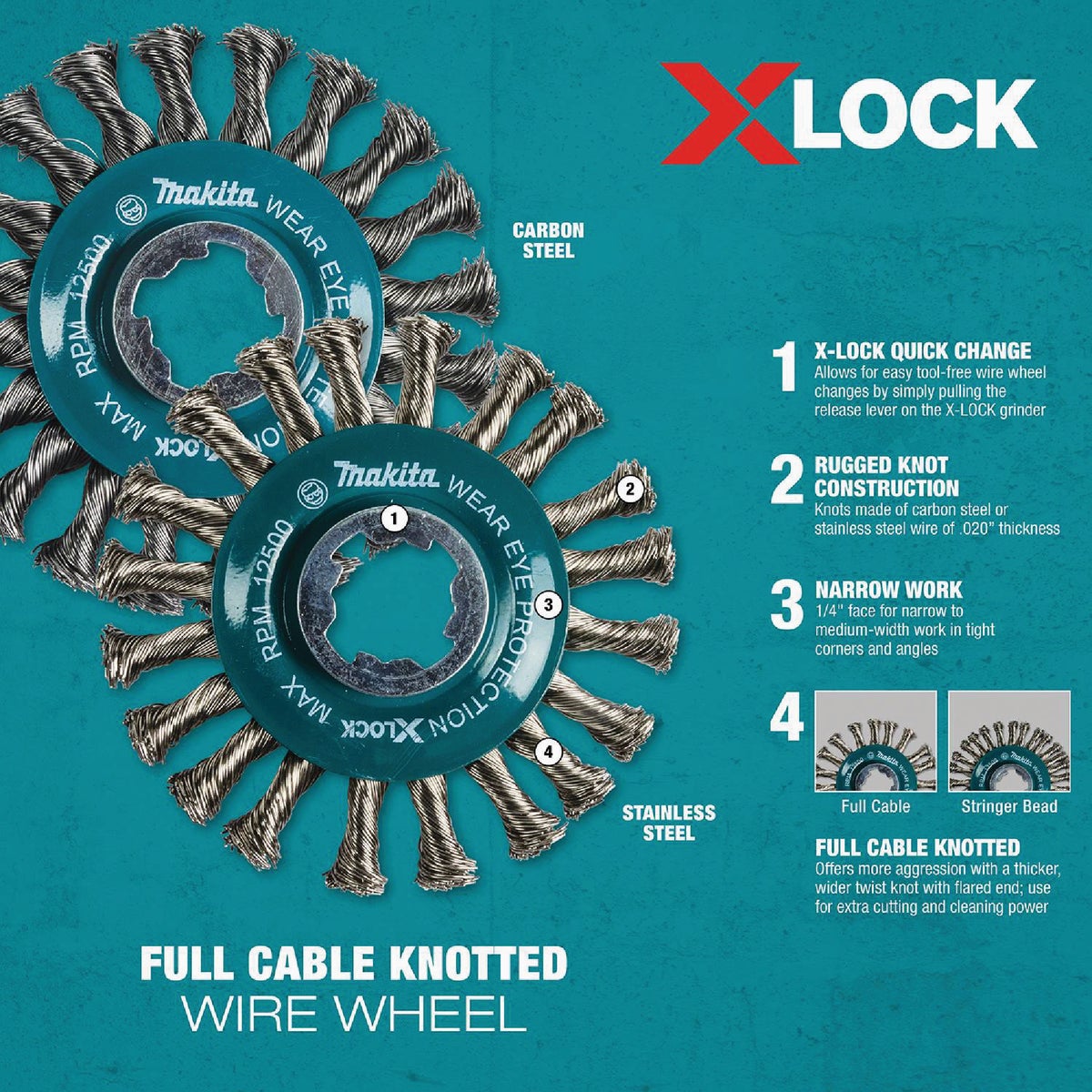 Makita X-LOCK 4-1/2 In. Full Cable Knotted Stainless Steel Angle Grinder Wire Wheel Image 4