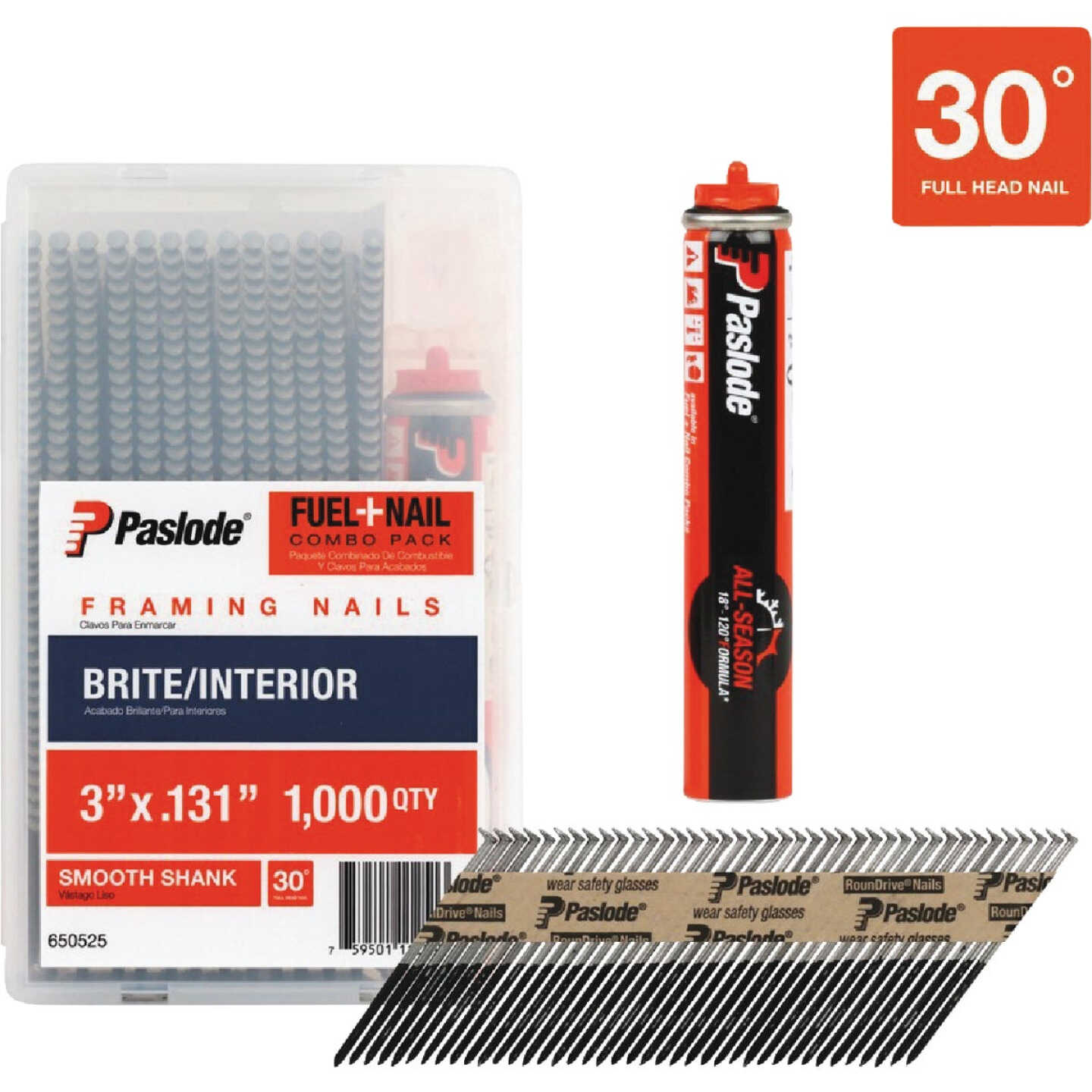 Paslode 3 In. x 0.131 In. 30 Degree Paper Tape Brite Smooth Shank RounDrive Framing Nails with (1) Framing Fuel Cell (1000 Ct.) Image 1