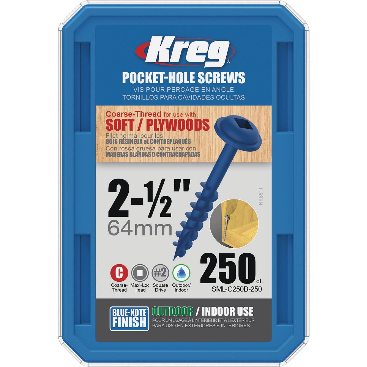 Kreg Blue-Kote #8 x 2-1/2 In. Square Coarse Thread Maxi-Loc Head Pocket-Hole Screw (250 Ct.) Image 4