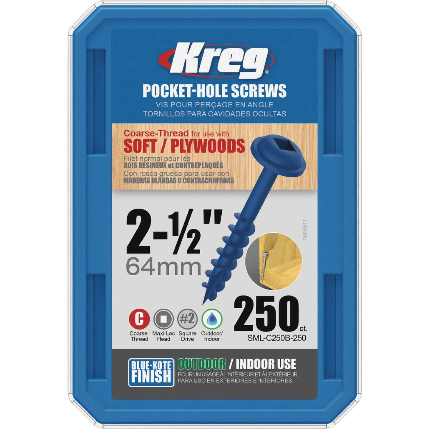 Kreg Blue-Kote #8 x 2-1/2 In. Square Coarse Thread Maxi-Loc Head Pocket-Hole Screw (250 Ct.) Image 4
