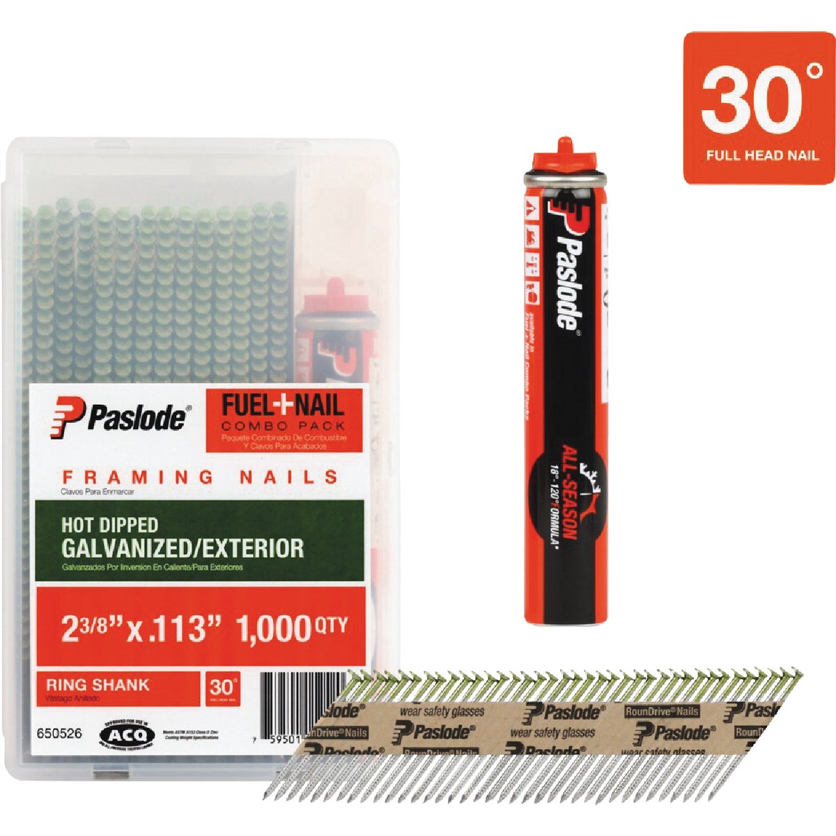 Paslode 2-3/8 In. x 0.113 In. 30 Degree Paper Tape Hot Dipped Galvanized Plus Ring Shank RounDrive Framing Nails with (1) Framing Fuel Cell (1000 Ct.)