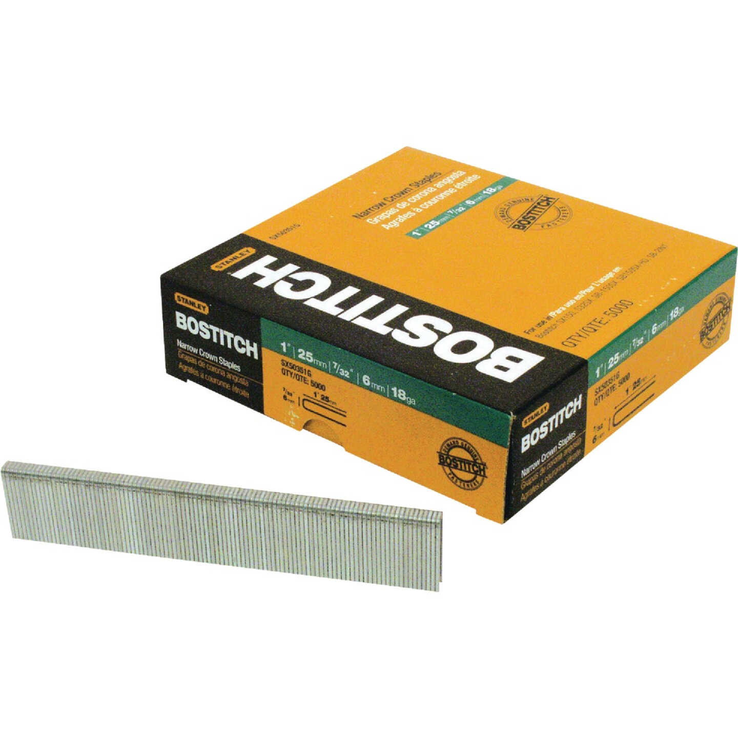 Bostitch 18-Gauge Galvanized Narrow Crown Finish Staple, 7/32 In. x 1-1/8 In. (3000 Ct.) Image 1