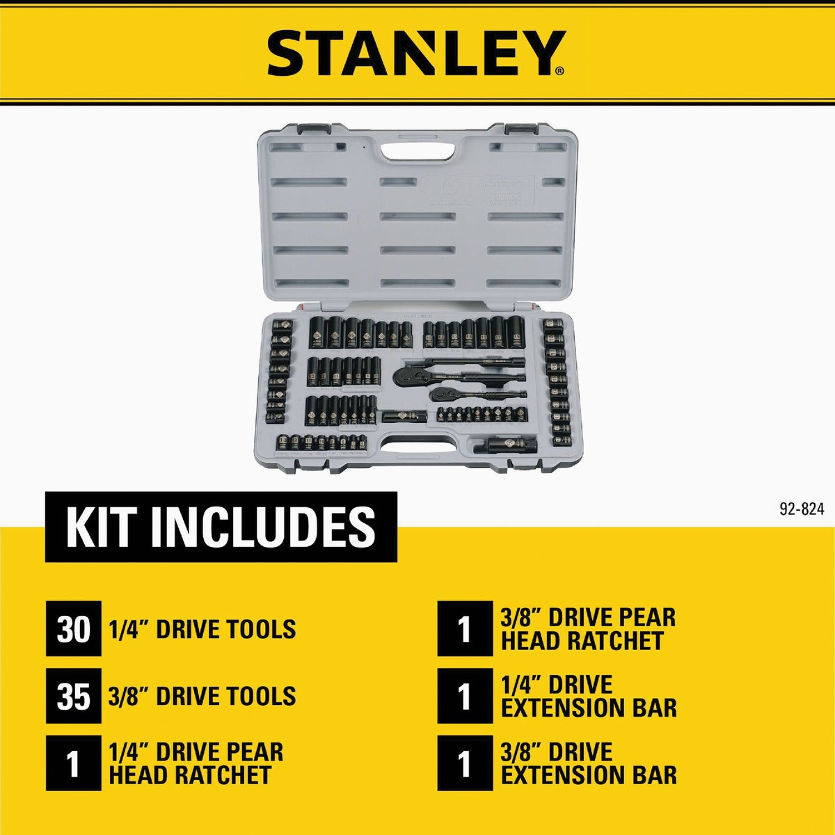 Stanley Standard/Metric 1/4 In. Drive & 3/8 In. Drive Black Chrome Combination Ratchet & Socket Set (69-Piece) Image 2