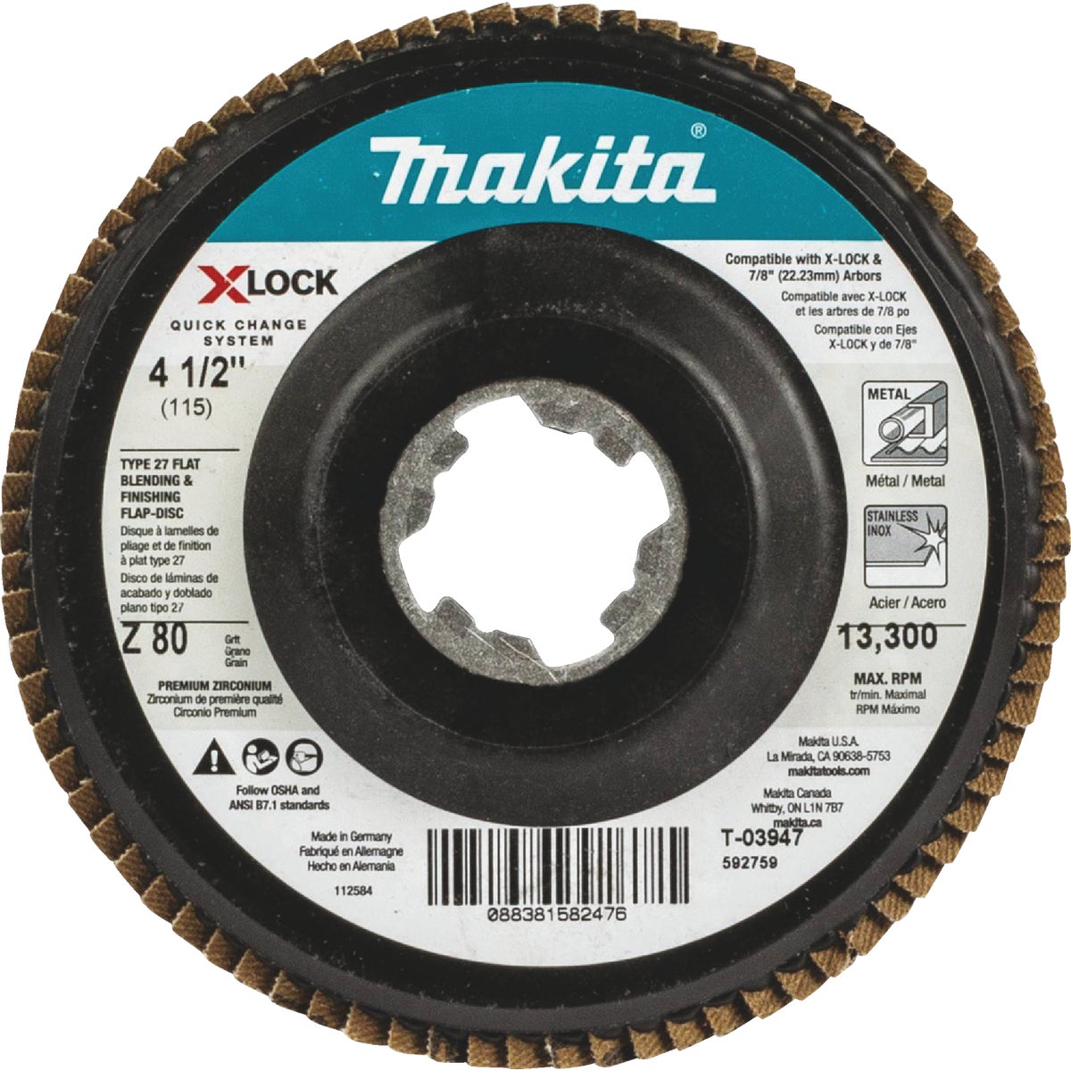 Makita X-LOCK 4-1/2 In. x 7/8 In. 80-Grit Type 27 Zirconia Angle Grinder Flap Disc