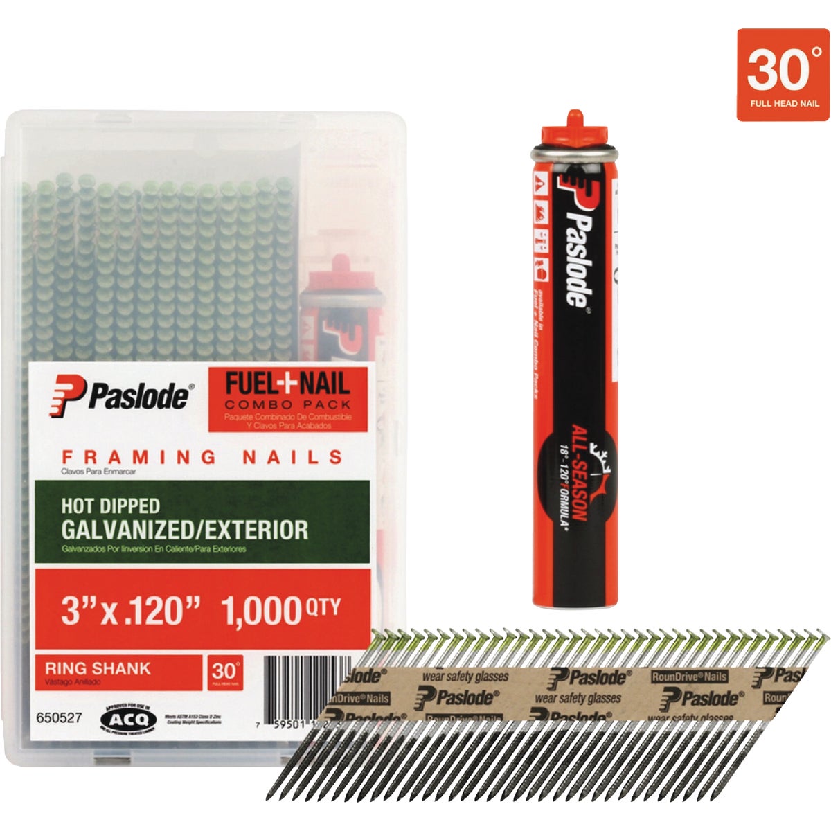 Paslode 3 In. x 0.120 In. 30 Degree Paper Tape Hot Dipped Galvanized Plus Ring Shank RounDrive Framing Nails with (1) Framing Fuel Cell (1000 Ct.)