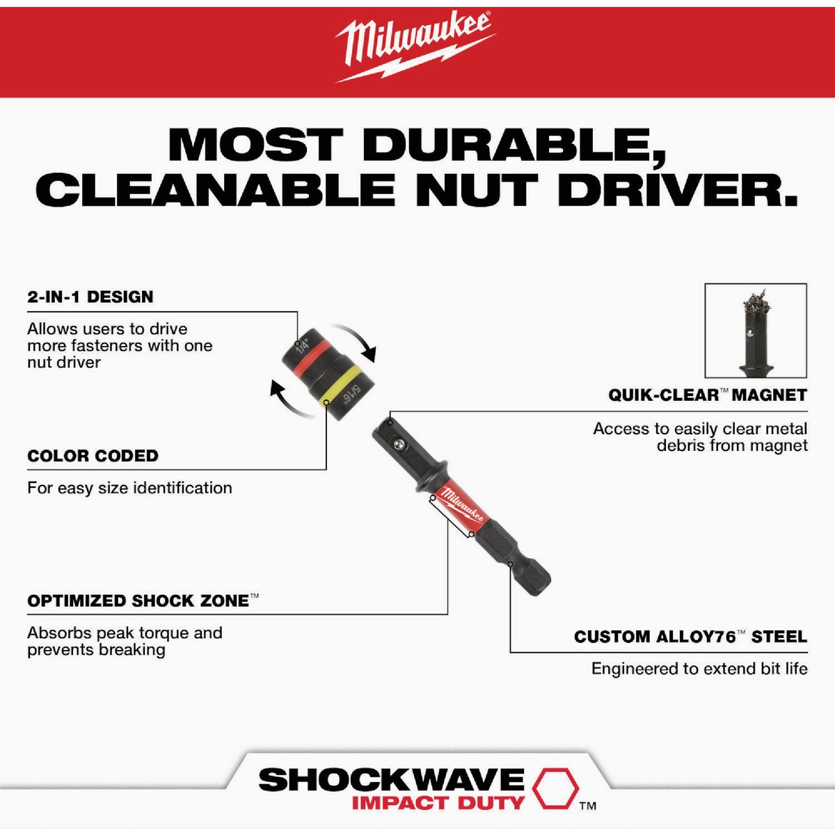 Milwaukee SHOCKWAVE QUIK-CLEAR 2-in-1 1/4 In. & 5/16 In. x 2-1/4 In. Impact Duty Magnetic Nut Driver Image 4