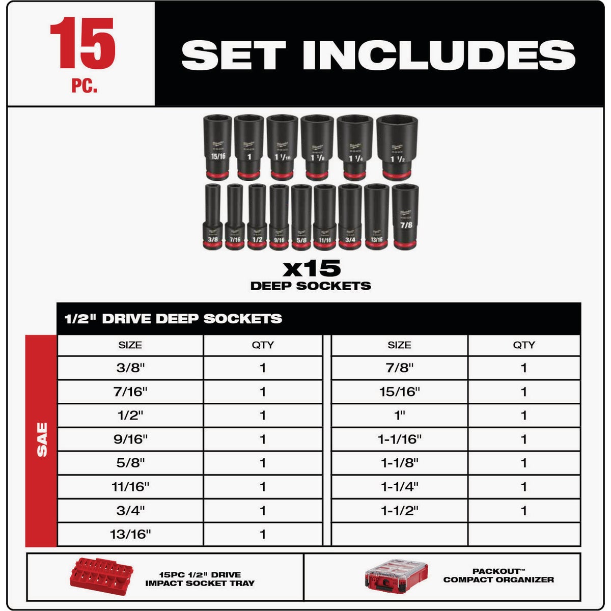 Milwaukee SHOCKWAVE Standard 1/2 In. Drive 6-Point Deep Impact Driver Set with PACKOUT Organizer (15-Piece) Image 4