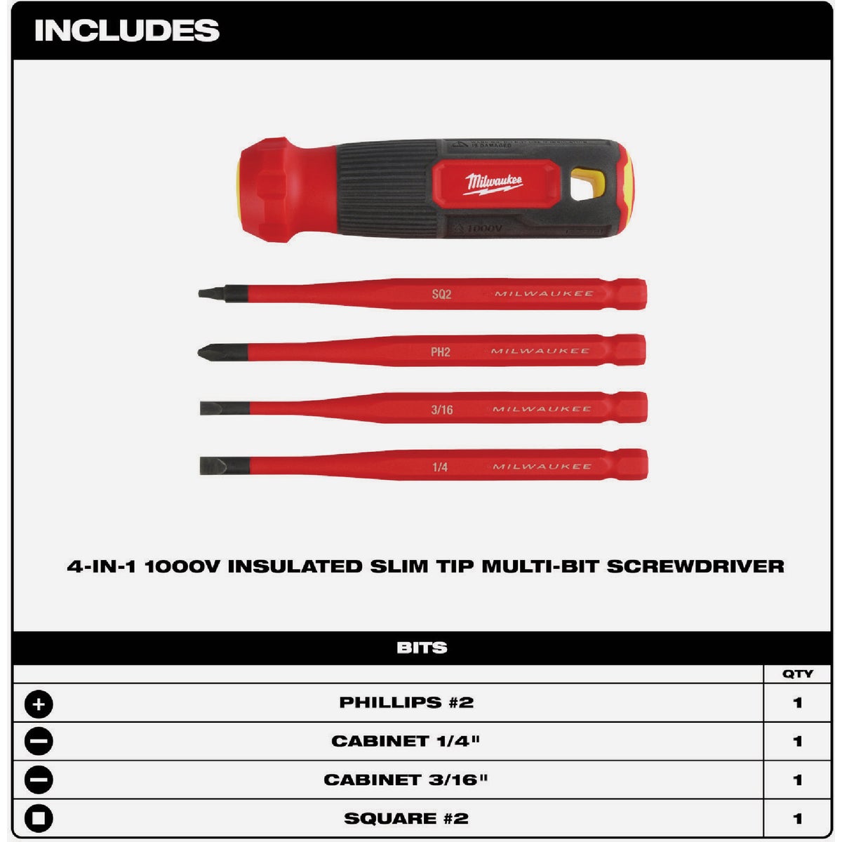 Milwaukee 4-In-1 1000V Insulated Slim Tip Multi-Bit Screwdriver Image 2