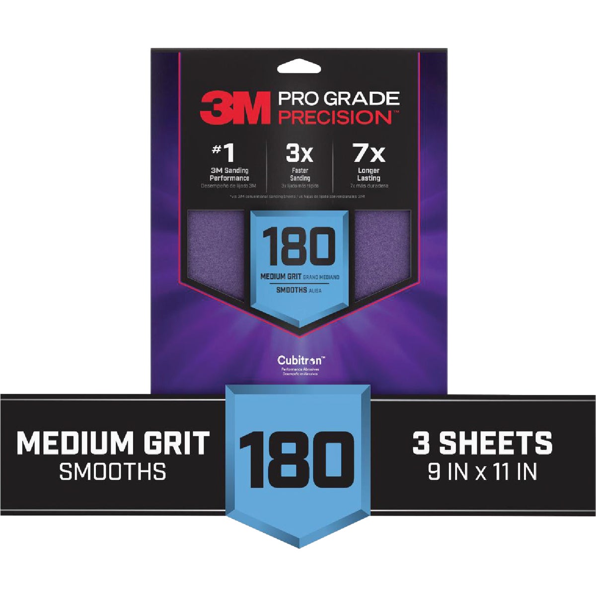 3M Pro Grade Precision 9 In. x 11 In. 180 Grit Sandpaper Sheet with No-Slip Grip Backing (3-Pack)