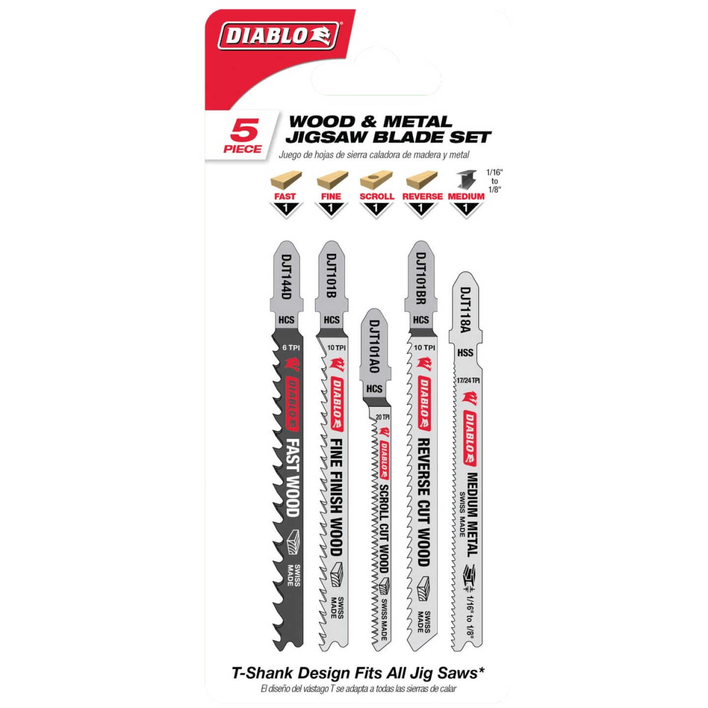 Diablo 5-Piece T-Shank HCS & HSS Jig Saw Blade Set for Wood & Metal Image 2