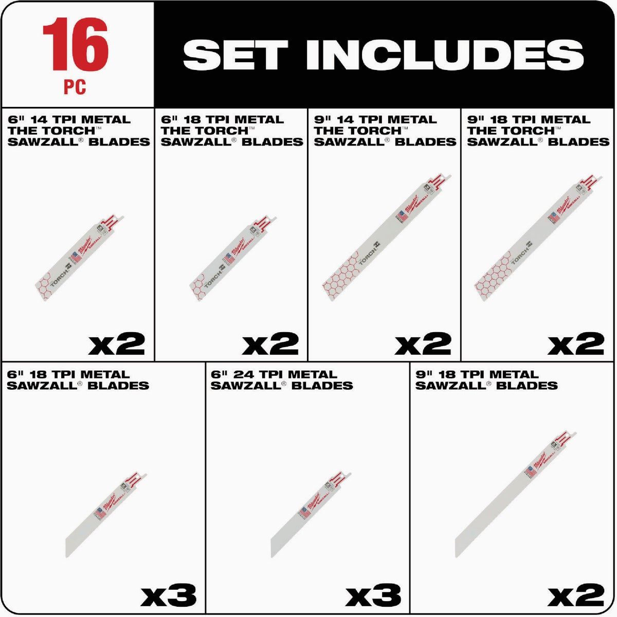 Milwaukee SAWZALL 16-Piece Multi-Material Reciprocating Saw Blade Set Image 2