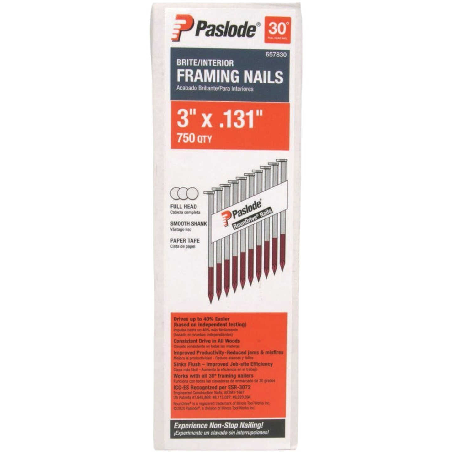 Paslode 3 In. x 0.131 In. 30 Deg. Paper Tape Smooth Shank Offset Roundrive Brite Collated Framing Nails (750-Count) Image 1