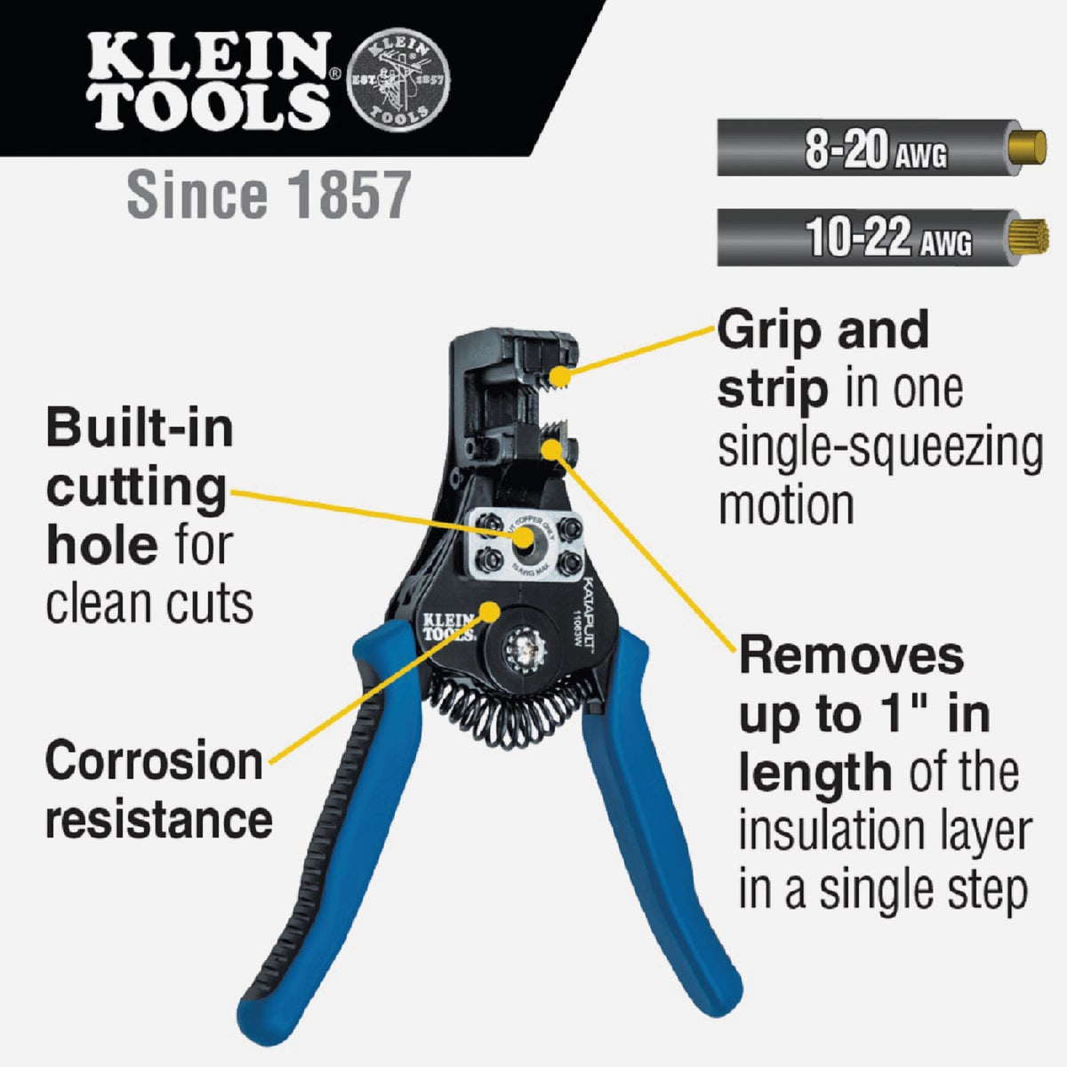 Klein Katapult Wire Stripper & Cutter for 8-20 AWG Solid & 10-22 AWG Stranded Wire Image 2