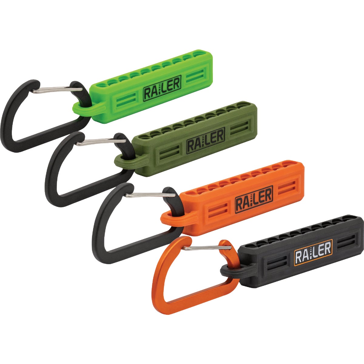 Railer 10-Hole Bitrails in Black, Orange, Hi-Vis Green, & Camo Green with Carabiners (4-Pack)