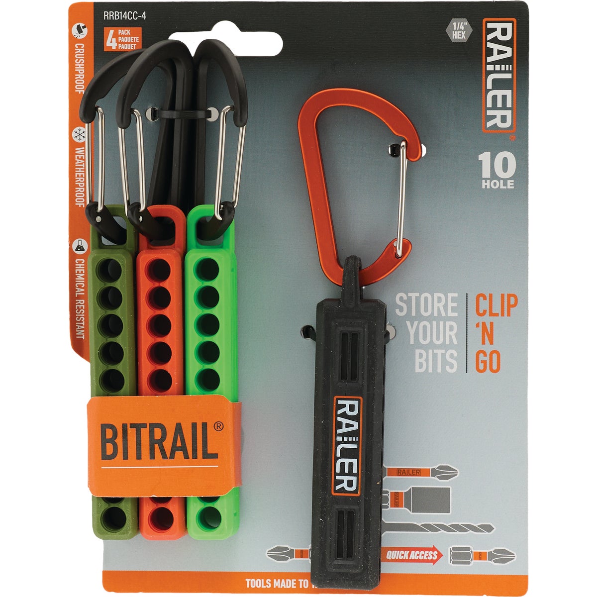Railer 10-Hole Bitrails in Black, Orange, Hi-Vis Green, & Camo Green with Carabiners (4-Pack) Image 5
