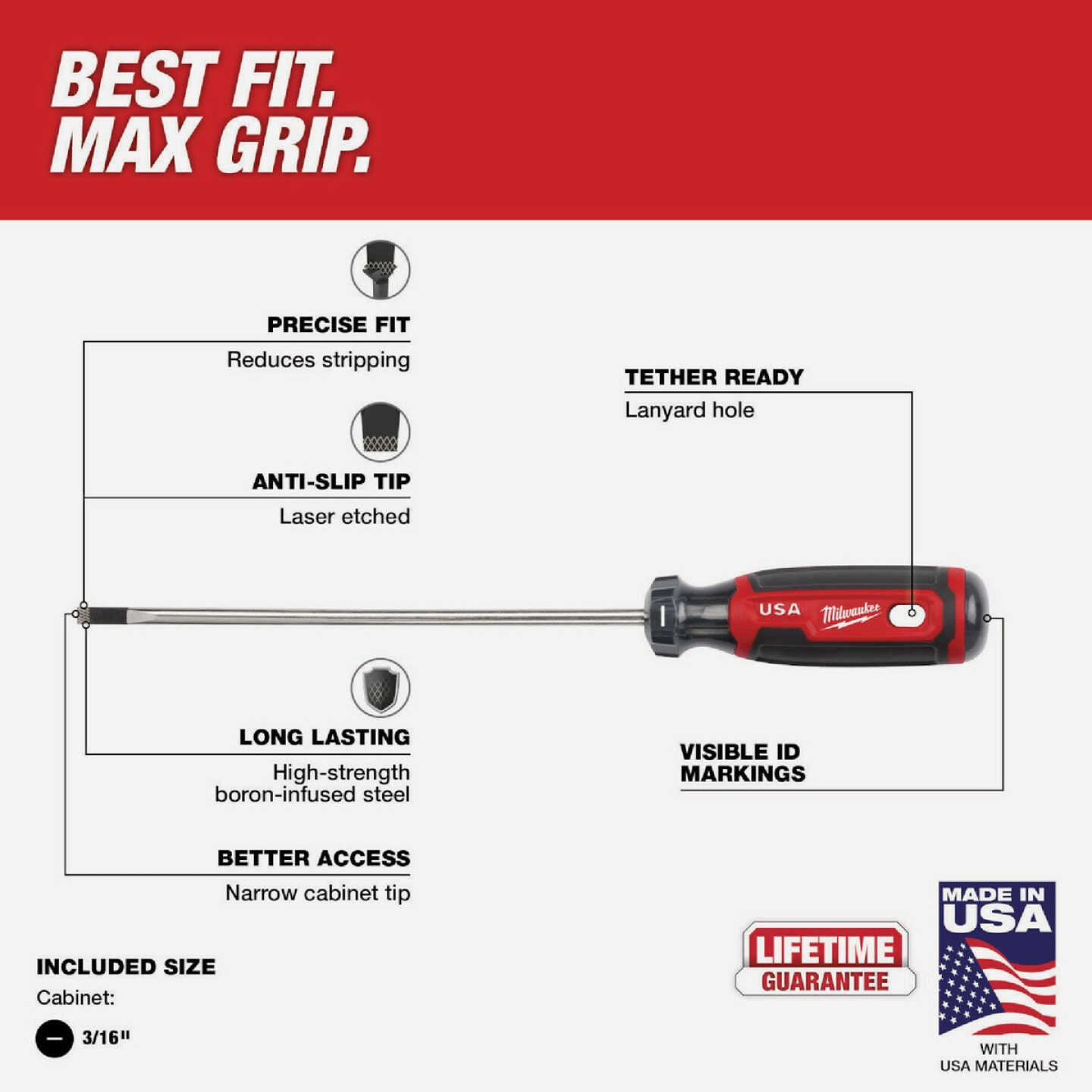 Milwaukee 3/16 In. x 6 In. Cushion Grip Cabinet Tip Slotted Screwdriver (USA) Image 3