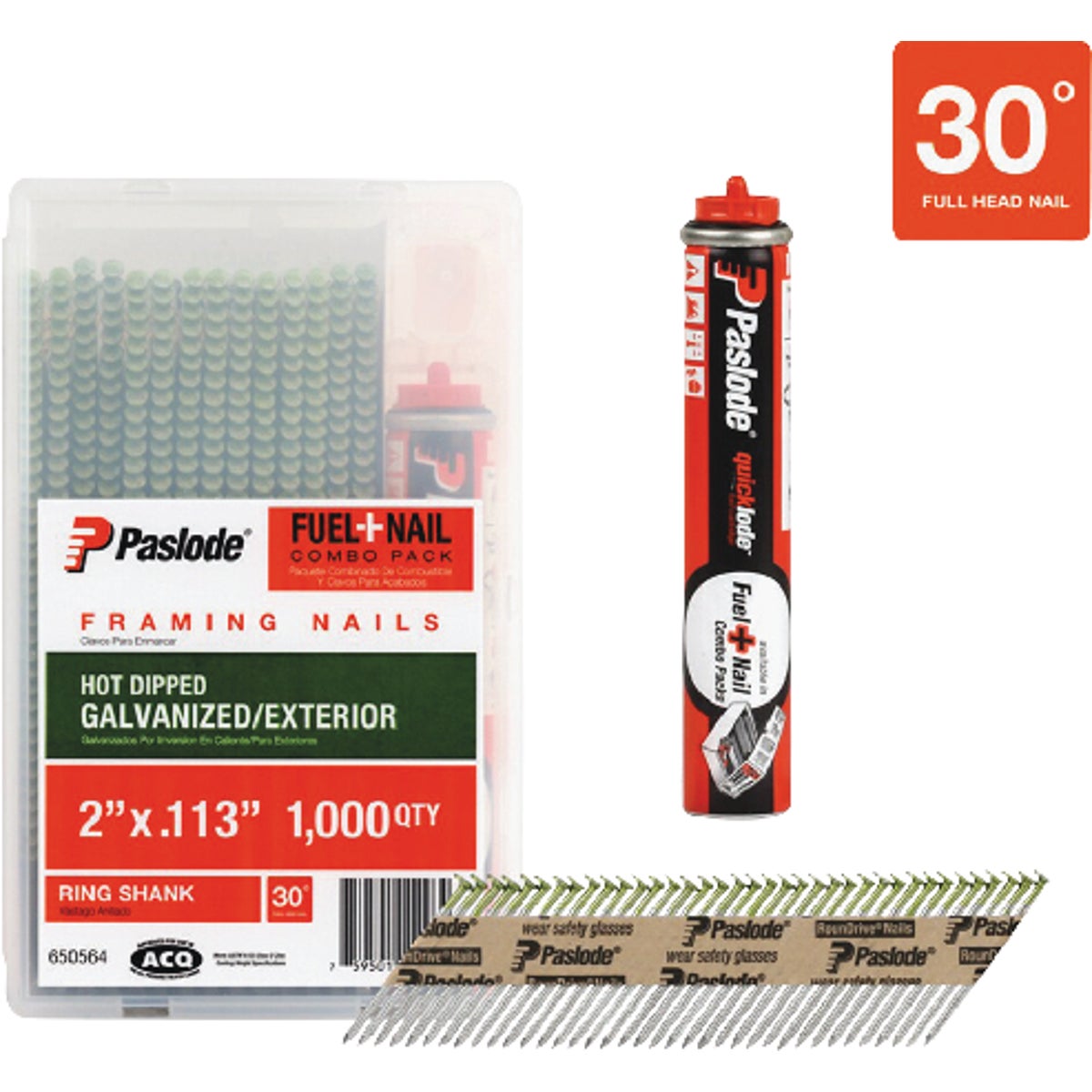 Paslode 2 In. x 0.113 In. 30 Degree Paper Tape Hot Dipped Galvanized Plus Ring Shank RounDrive Framing Nails with (1) Framing Fuel Cell (1000 Ct.)