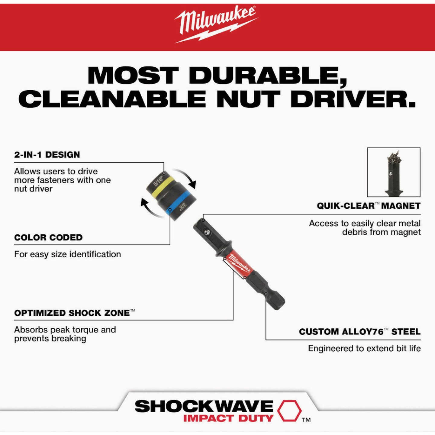 Milwaukee SHOCKWAVE QUIK-CLEAR 2-in-1 5/16 In. & 3/8 In. x 2-1/2 In. Impact Duty Magnetic Nut Driver Image 4