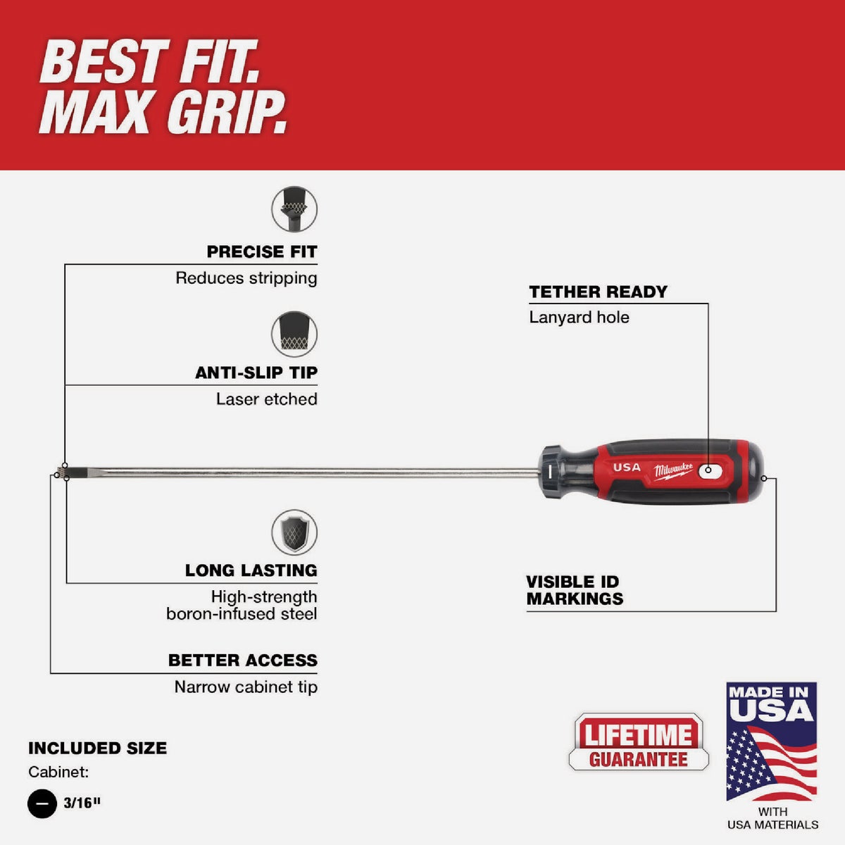 Milwaukee 3/16 In. x 8 In. Cushion Grip Cabinet Tip Slotted Screwdriver (USA) Image 3