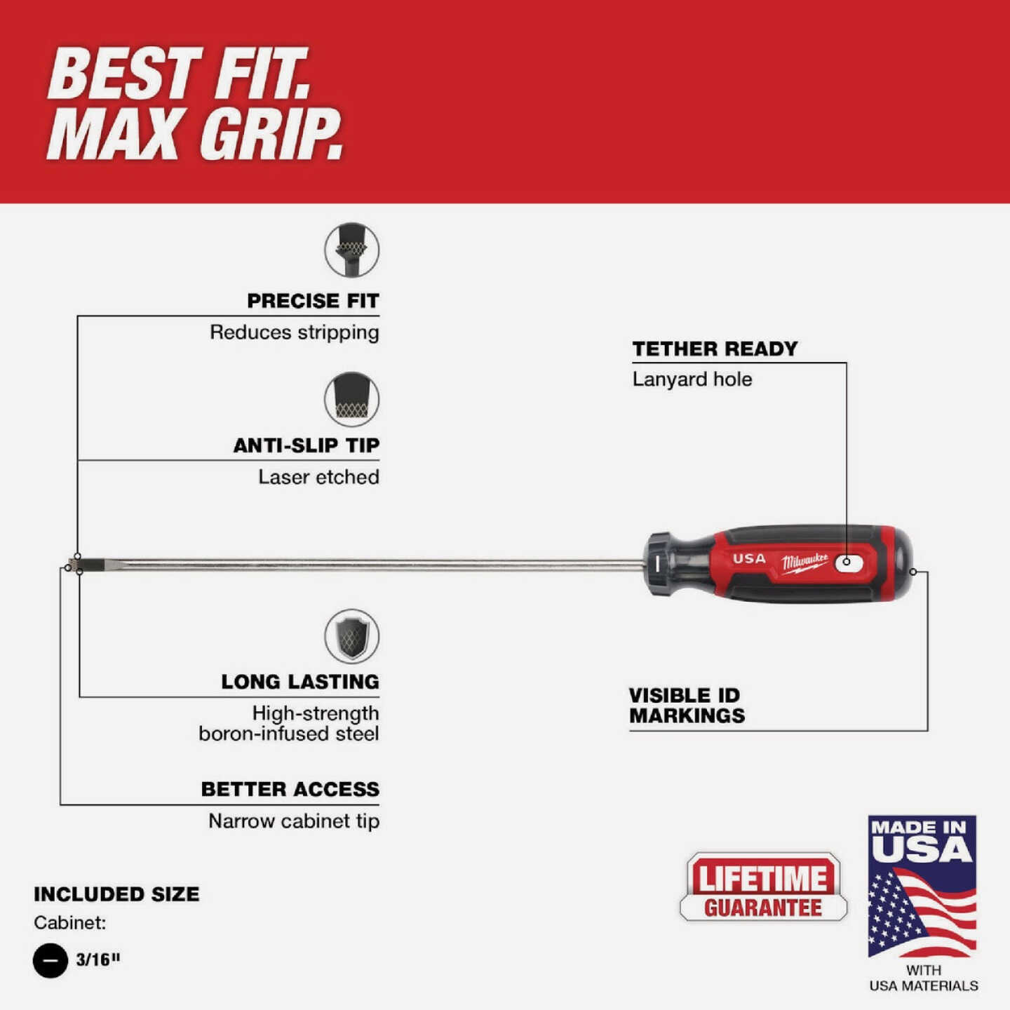 Milwaukee 3/16 In. x 8 In. Cushion Grip Cabinet Tip Slotted Screwdriver (USA) Image 3