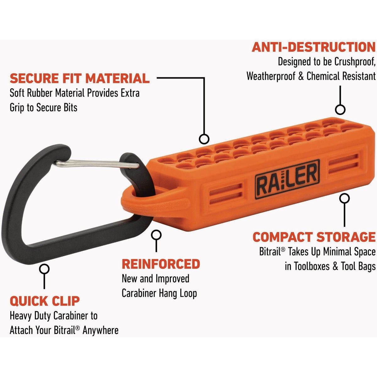 Railer 20-Hole Mega Bitrail Orange Bit Holder with Carabiner Image 2